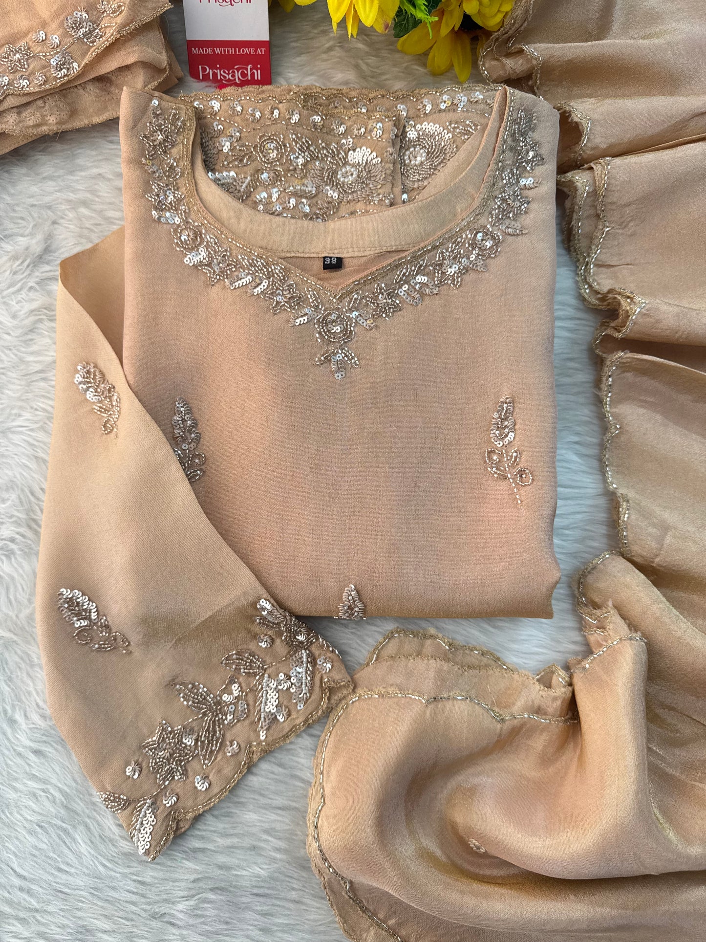 Beige Kurta Set for Women with Pants and Dupatta - Prisachi Official