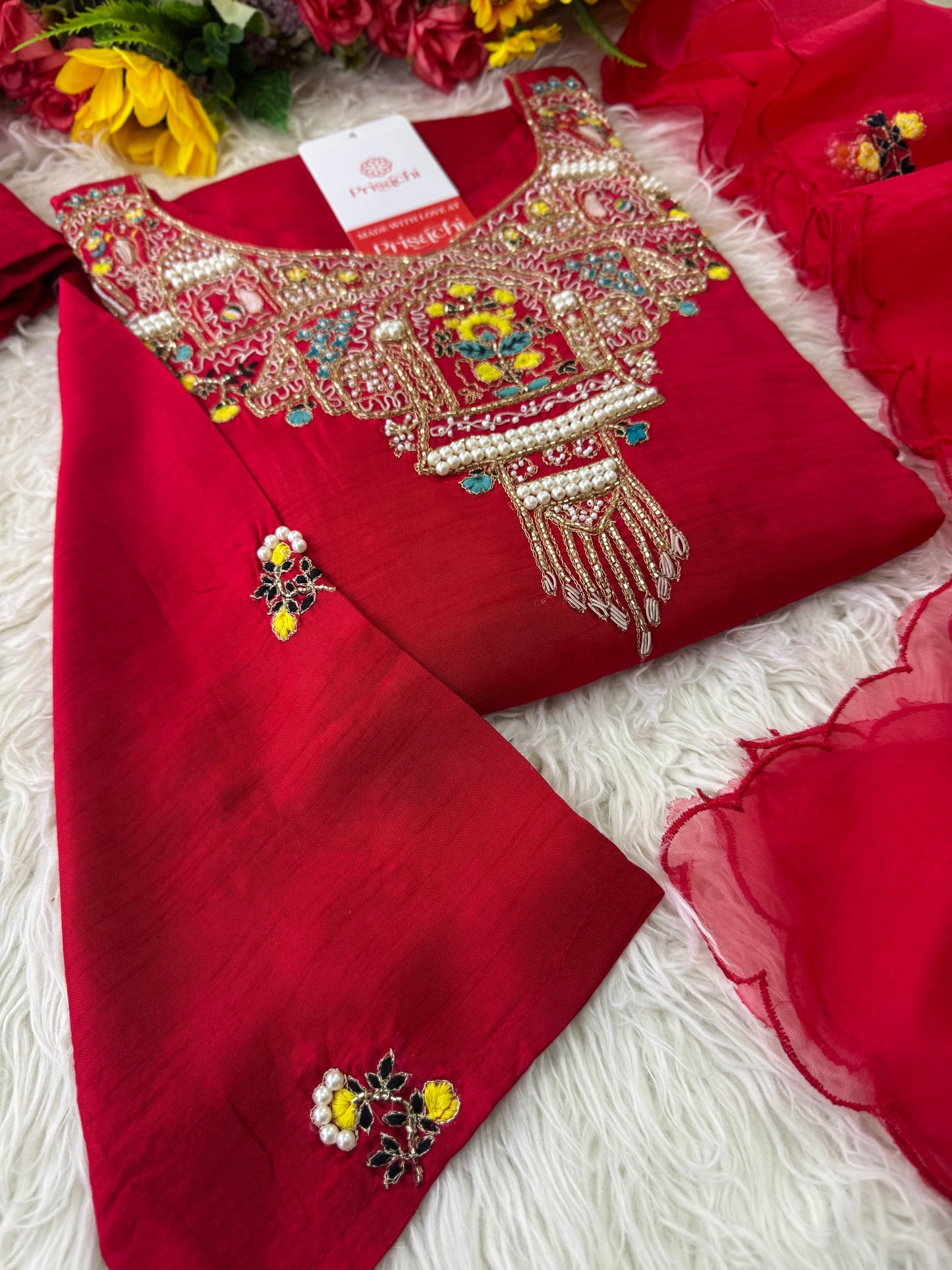 Red embroidered kurta set with dupatta