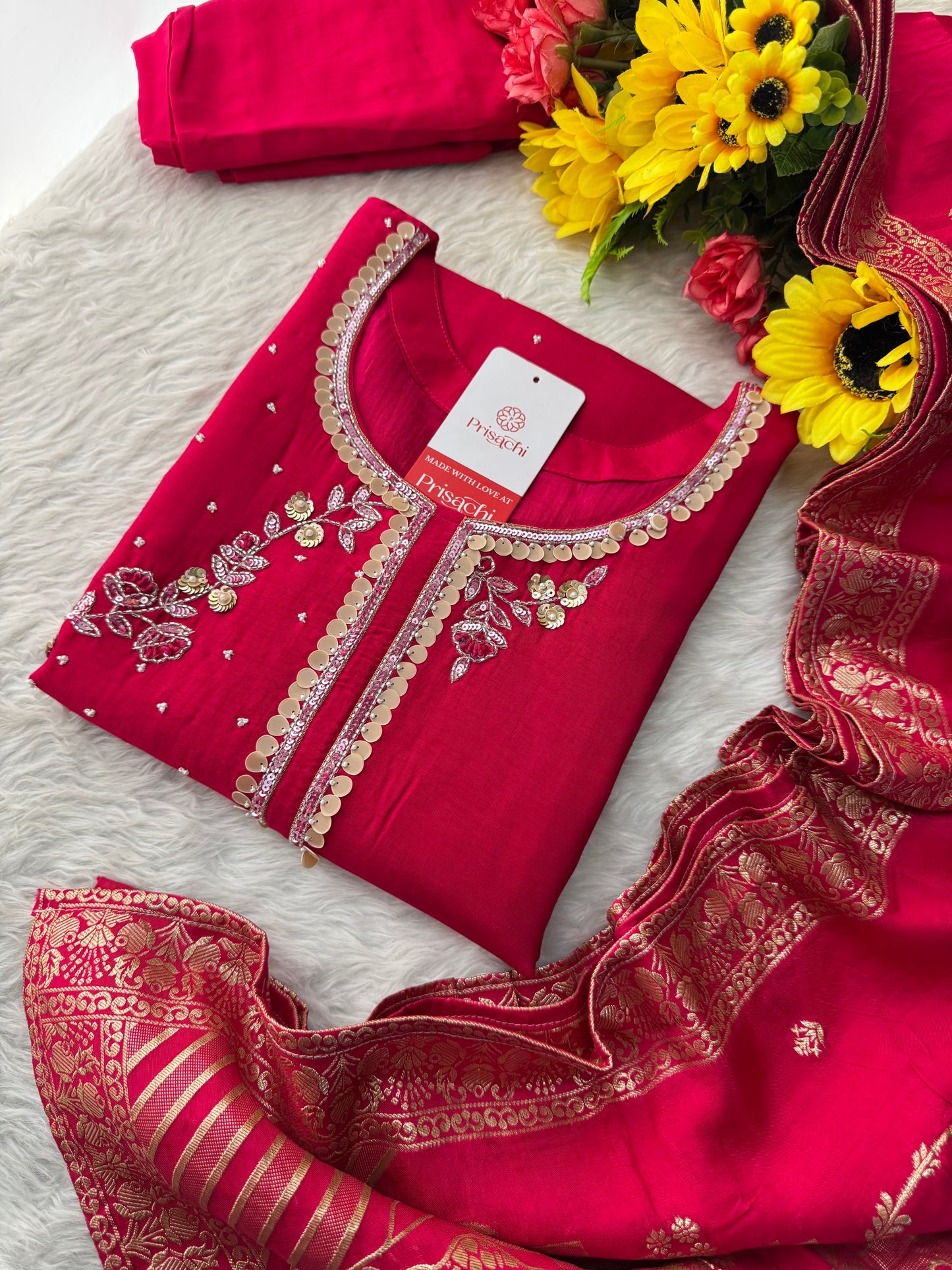 Pink Designer Embroidered Ethnic Kurta Set with Pants & Floral Dupatta - Prisachi Official