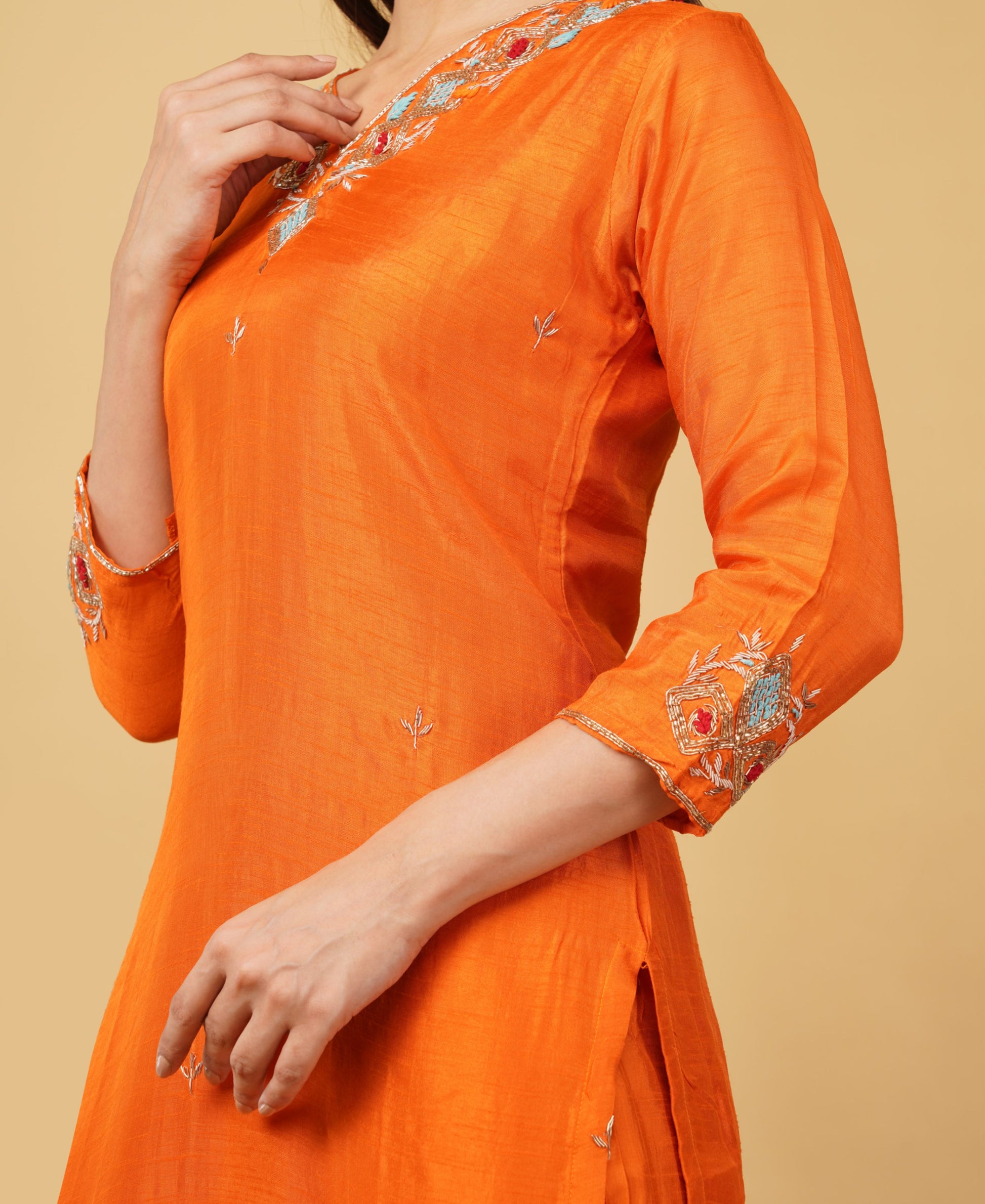 Orange Designer Embroidered Ethnic Kurta Set with Pant & Dupatta - Prisachi Official