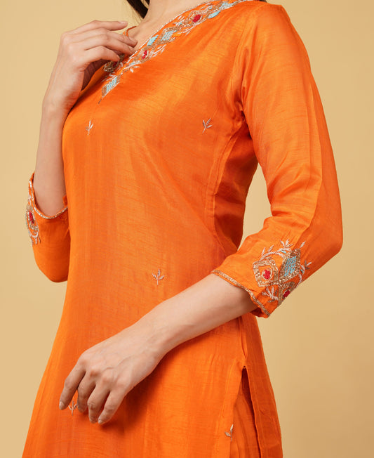 Orange Designer Embroidered Ethnic Kurta Set with Pant & Dupatta - Prisachi Official