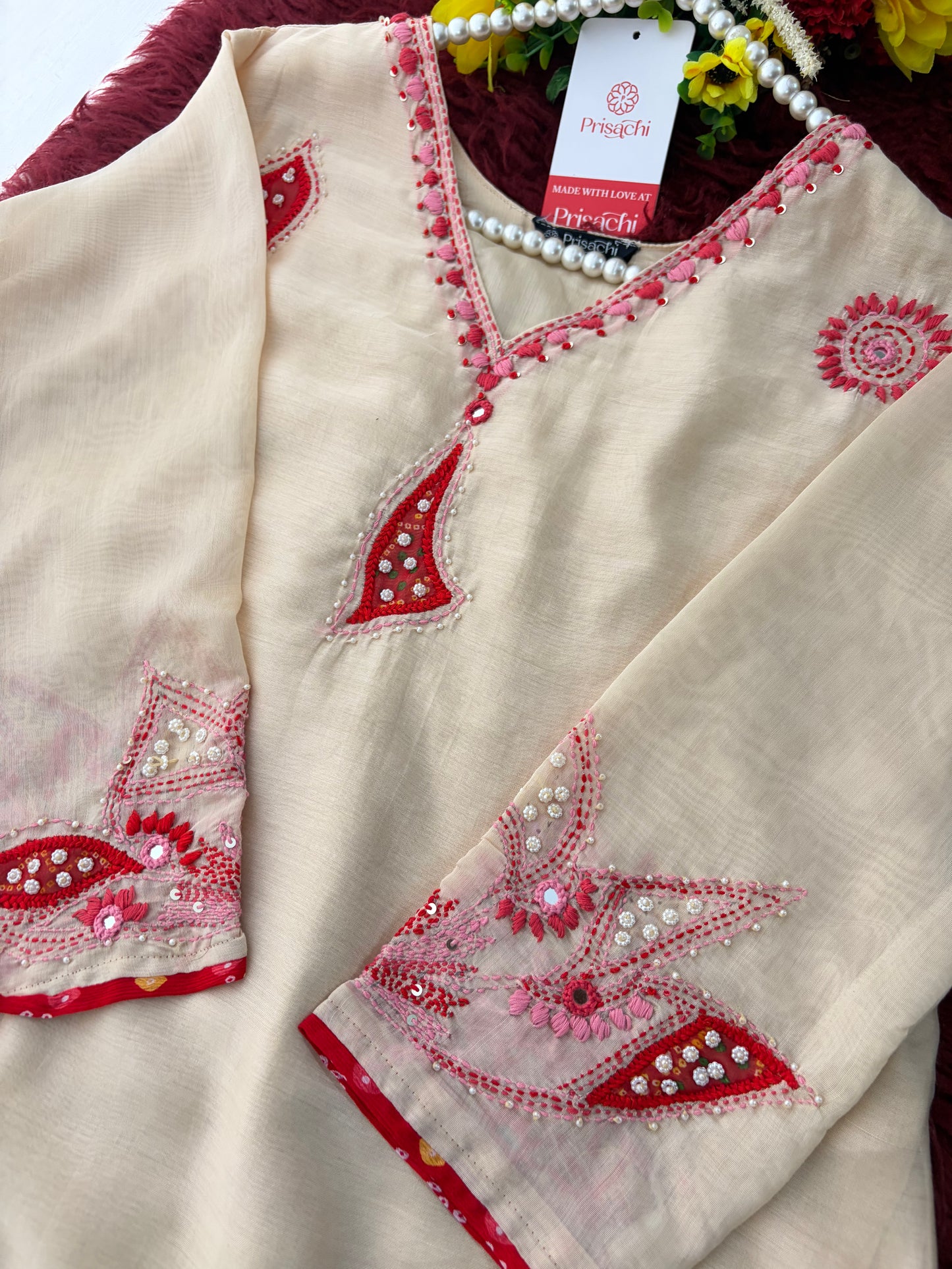 Cream Thread Embroidered A-Line Ethnic Kurta Set with Dupatta & Pants