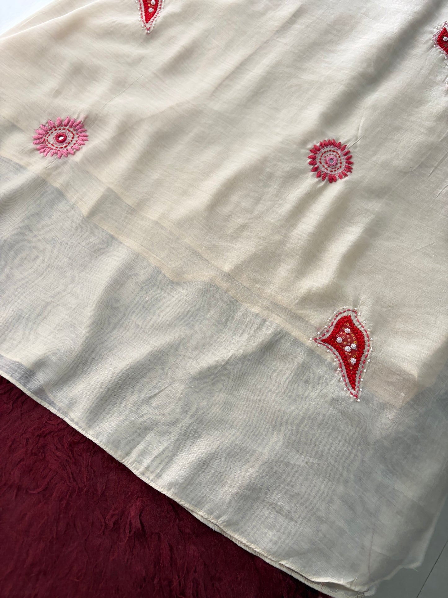 Cream Thread Embroidered A-Line Ethnic Kurta Set with Dupatta & Pants