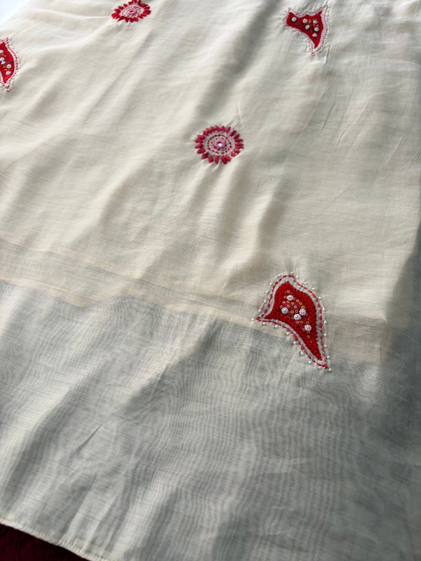 Cream Thread Embroidered A-Line Ethnic Kurta Set with Dupatta & Pants