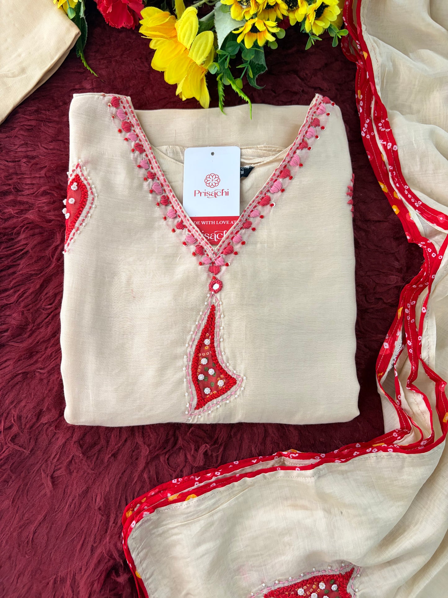 Cream Thread Embroidered A-Line Ethnic Kurta Set with Dupatta & Pants