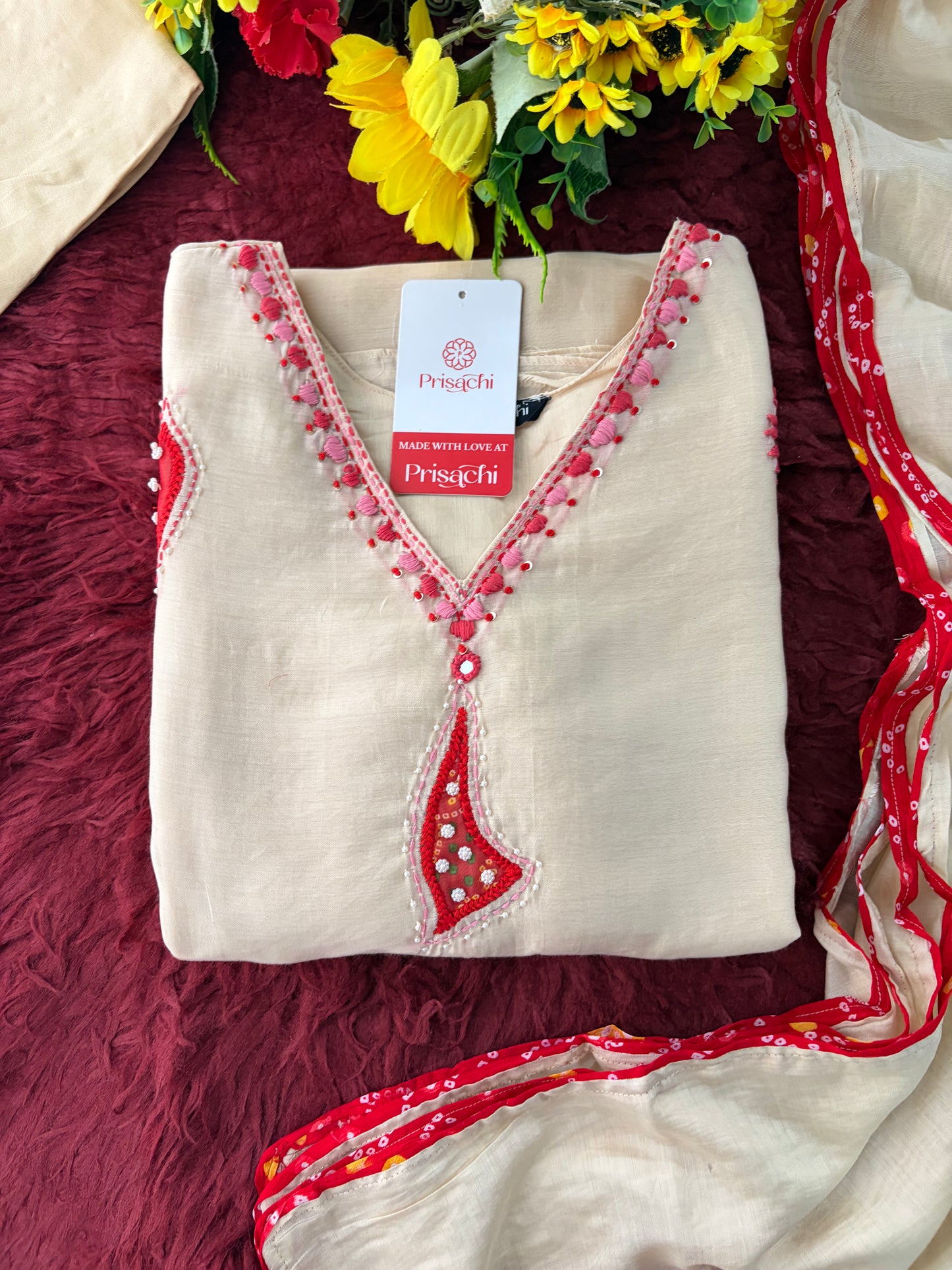 Cream Thread Embroidered A-Line Ethnic Kurta Set with Dupatta & Pants