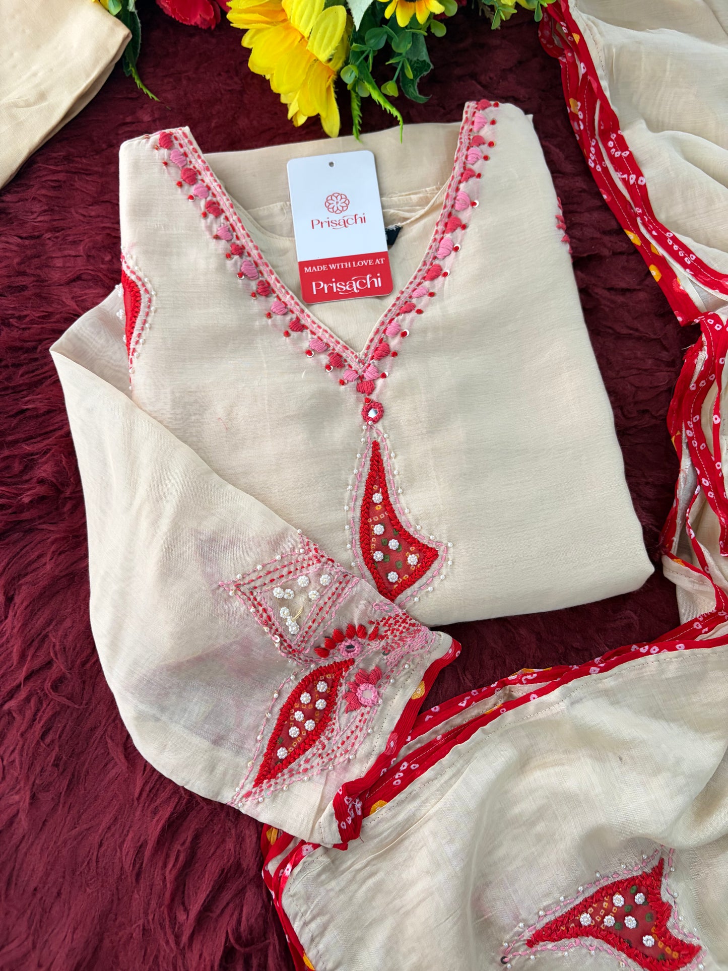 Cream Thread Embroidered A-Line Ethnic Kurta Set with Dupatta & Pants