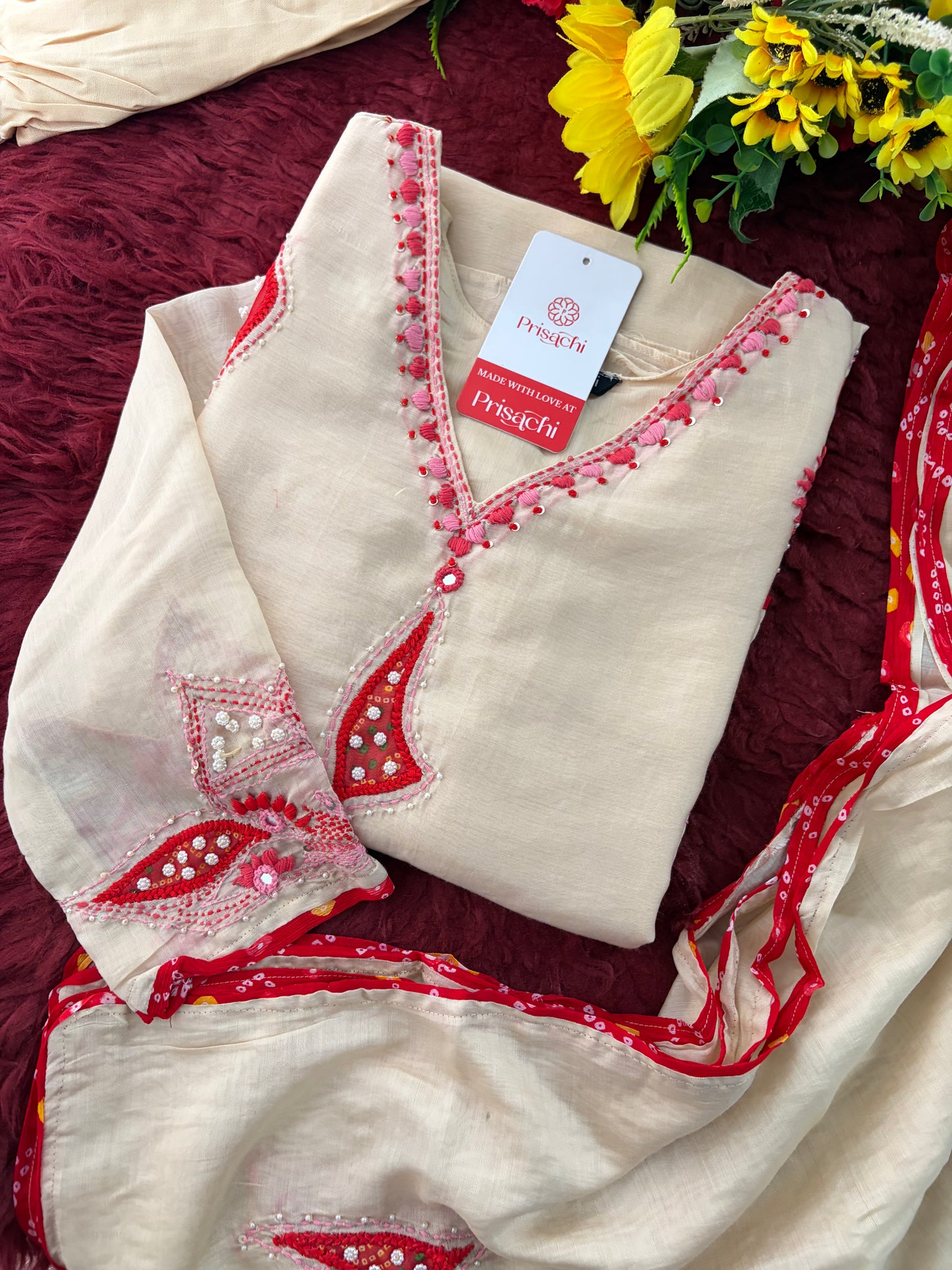 Cream Thread Embroidered A-Line Ethnic Kurta Set with Dupatta & Pants