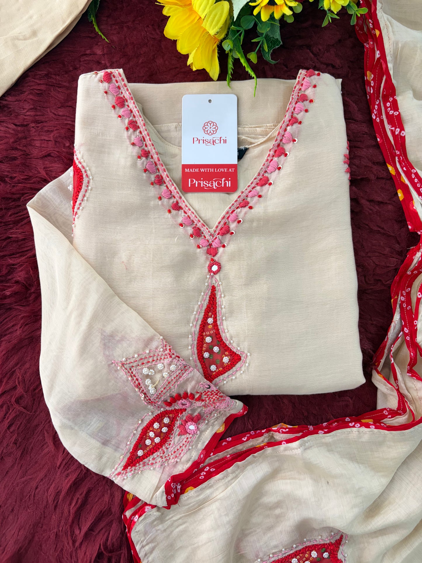 Cream Thread Embroidered A-Line Ethnic Kurta Set with Dupatta & Pants