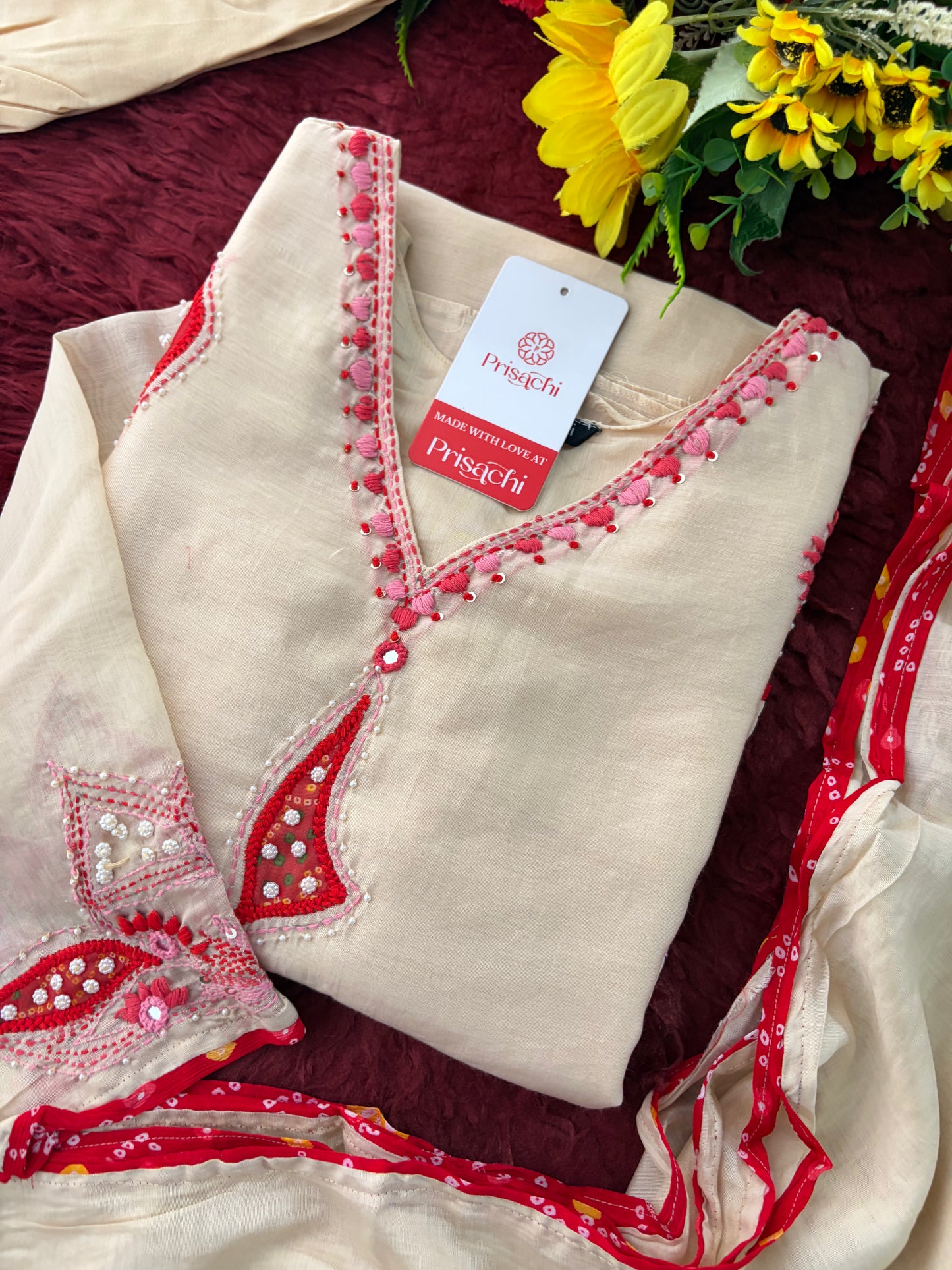 Cream Thread Embroidered A-Line Ethnic Kurta Set with Dupatta & Pants