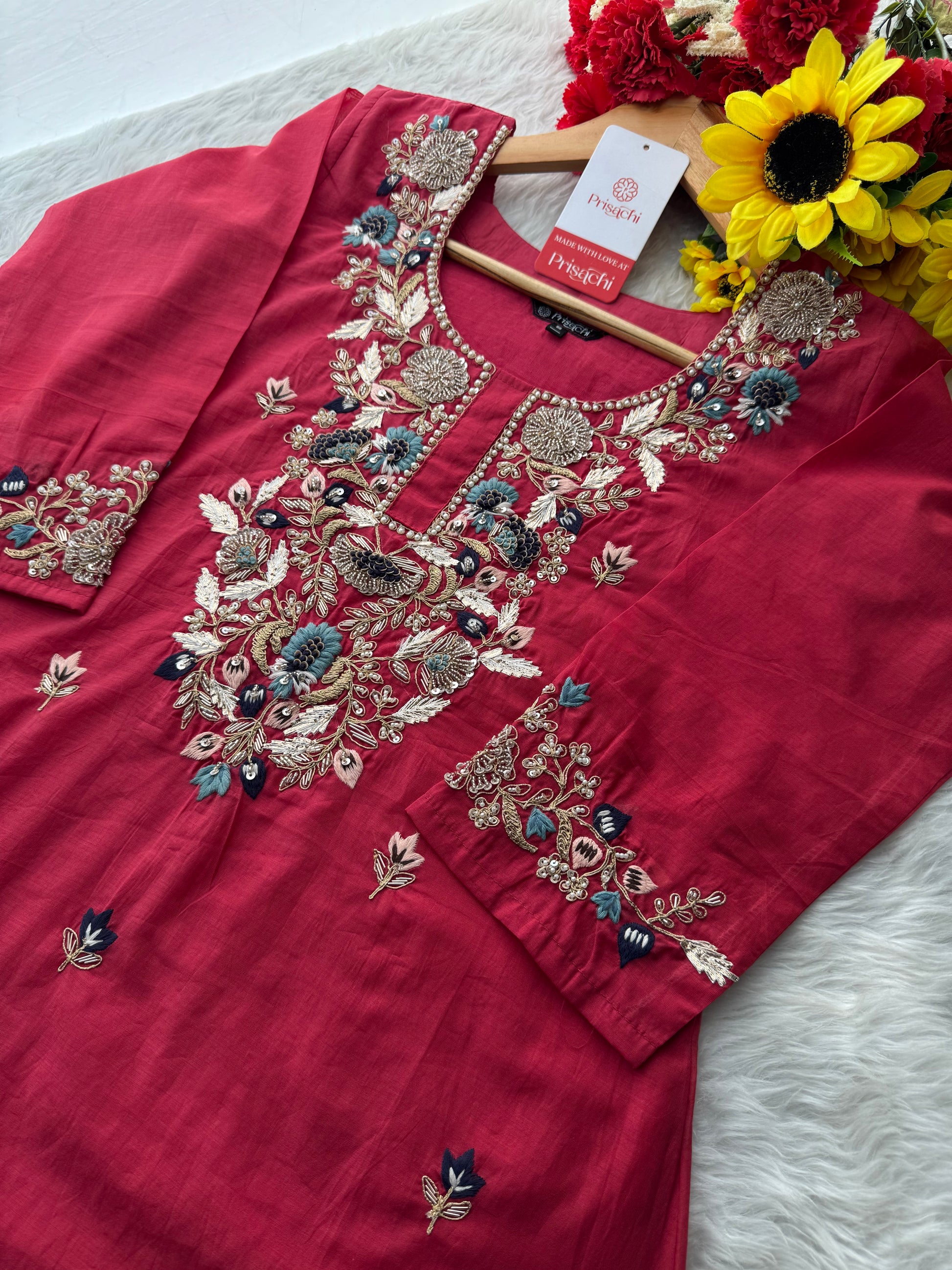 Designer A-Line Embroidered Ethnic Kurta Set for Women with Pants & Banarasi Dupatta - Prisachi Official