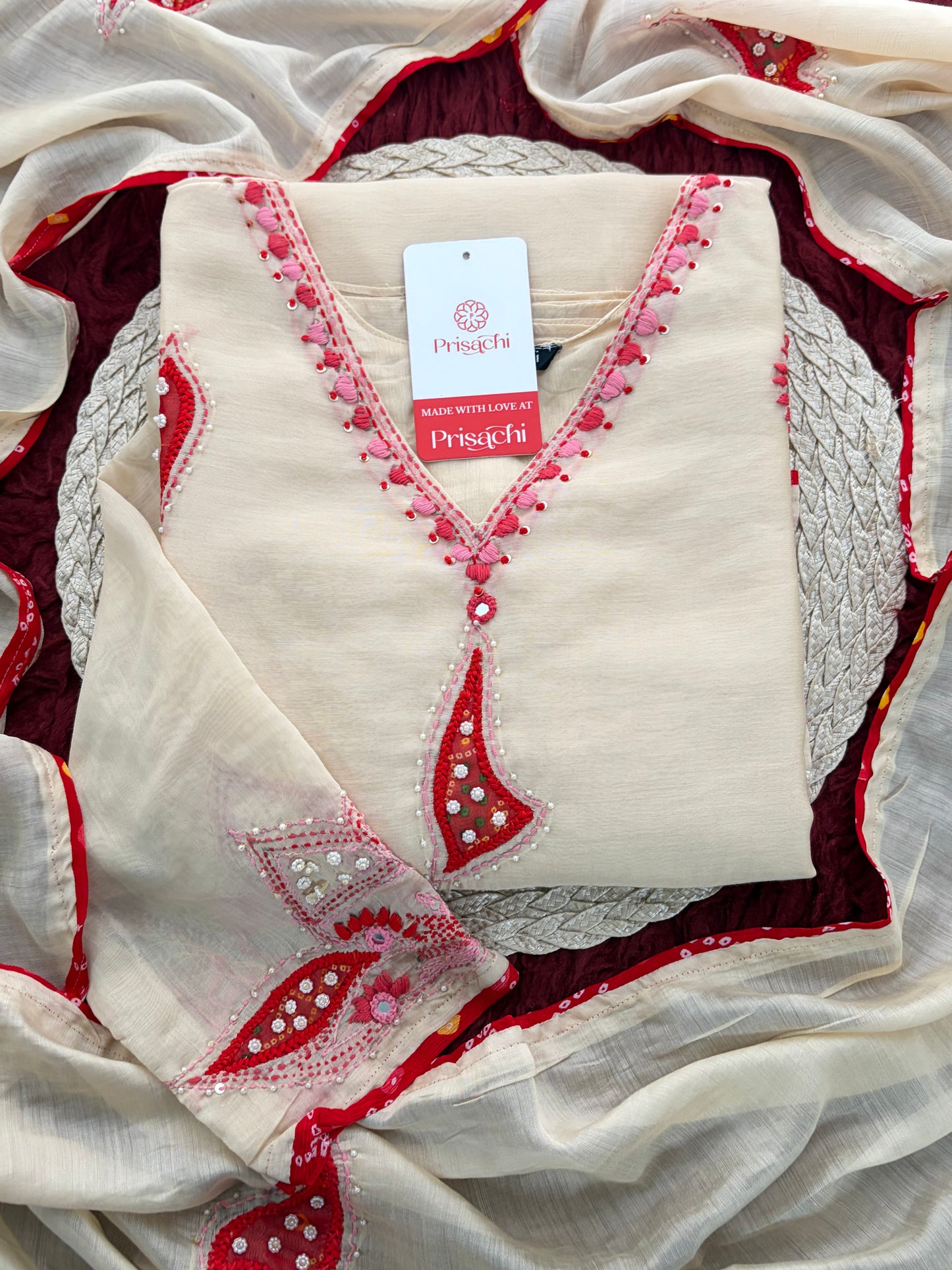 Cream Thread Embroidered A-Line Ethnic Kurta Set with Dupatta & Pants