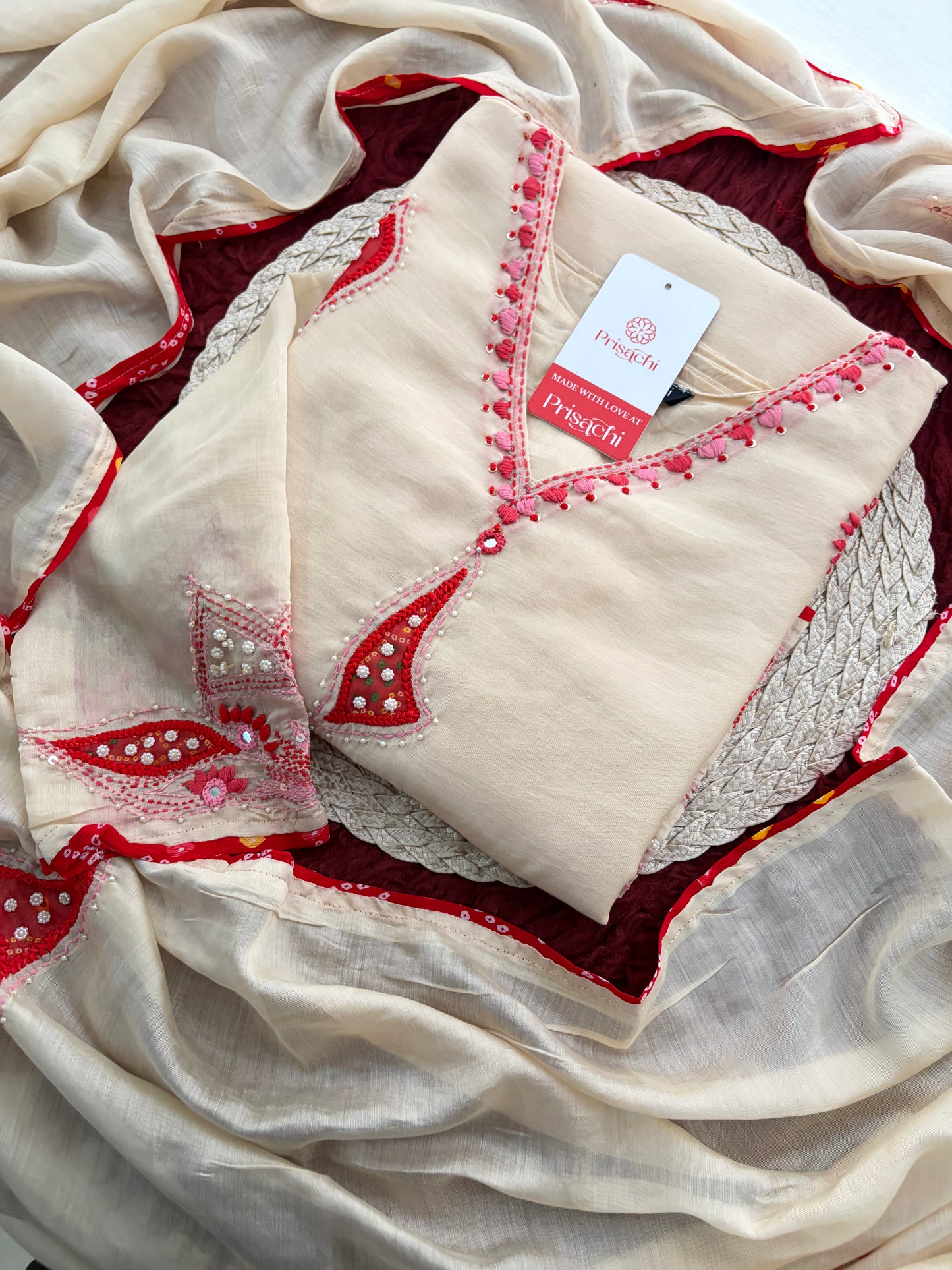 Cream Thread Embroidered A-Line Ethnic Kurta Set with Dupatta & Pants
