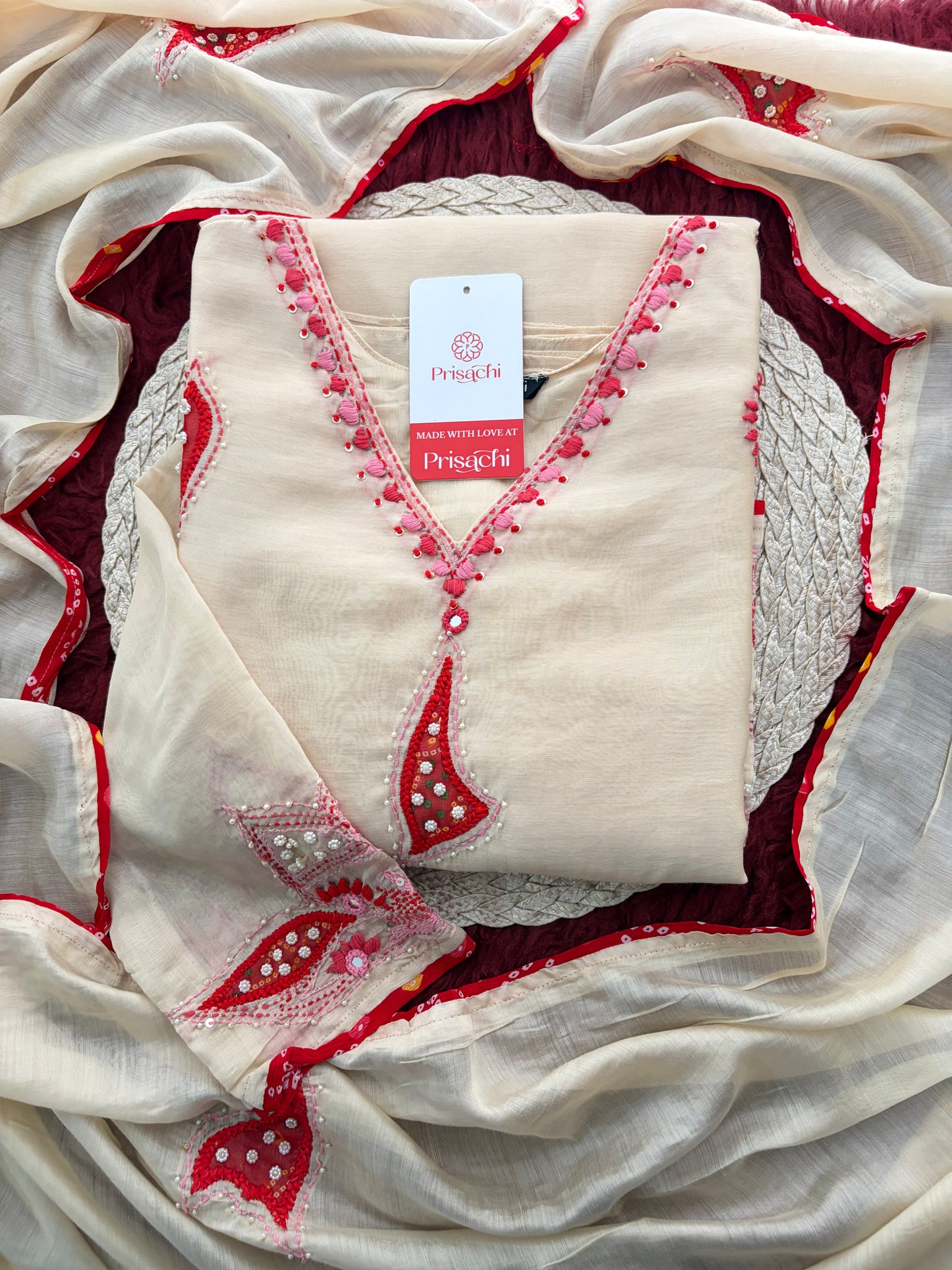 Cream Thread Embroidered A-Line Ethnic Kurta Set with Dupatta & Pants