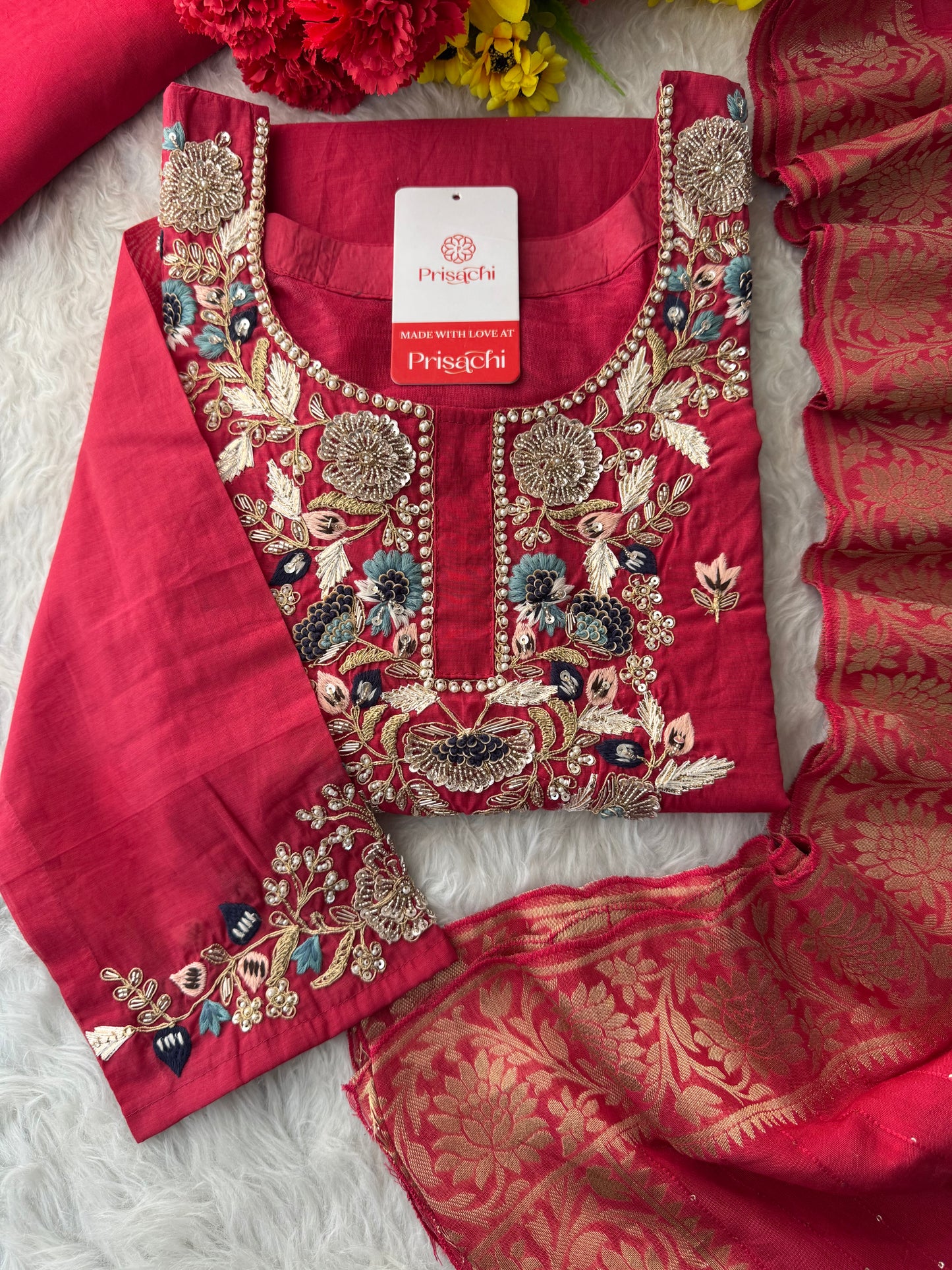 Designer A-Line Embroidered Ethnic Kurta Set for Women with Pants & Banarasi Dupatta - Prisachi Official