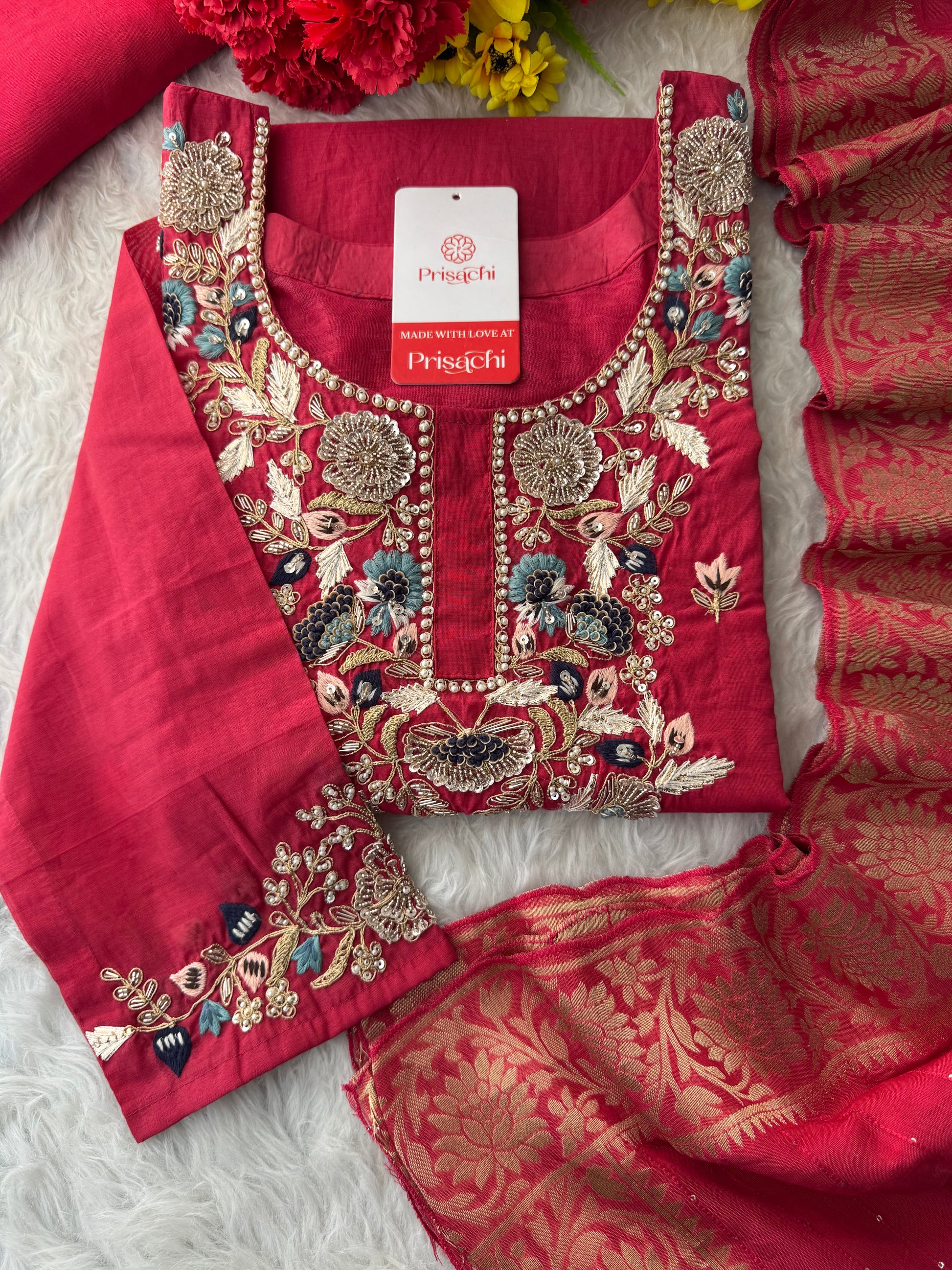 Designer A-Line Embroidered Ethnic Kurta Set for Women with Pants & Banarasi Dupatta - Prisachi Official