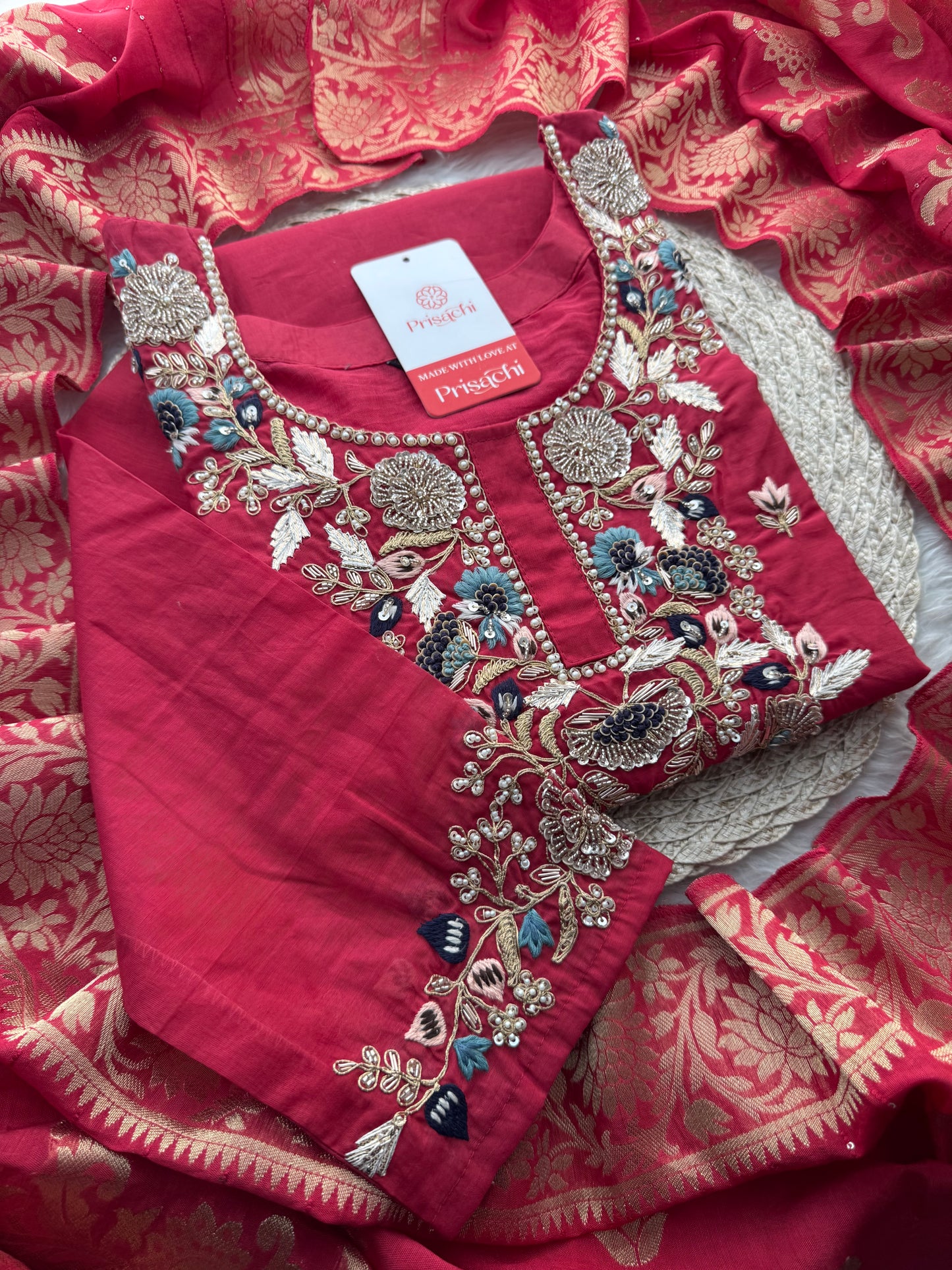 Designer A-Line Embroidered Ethnic Kurta Set for Women with Pants & Banarasi Dupatta - Prisachi Official