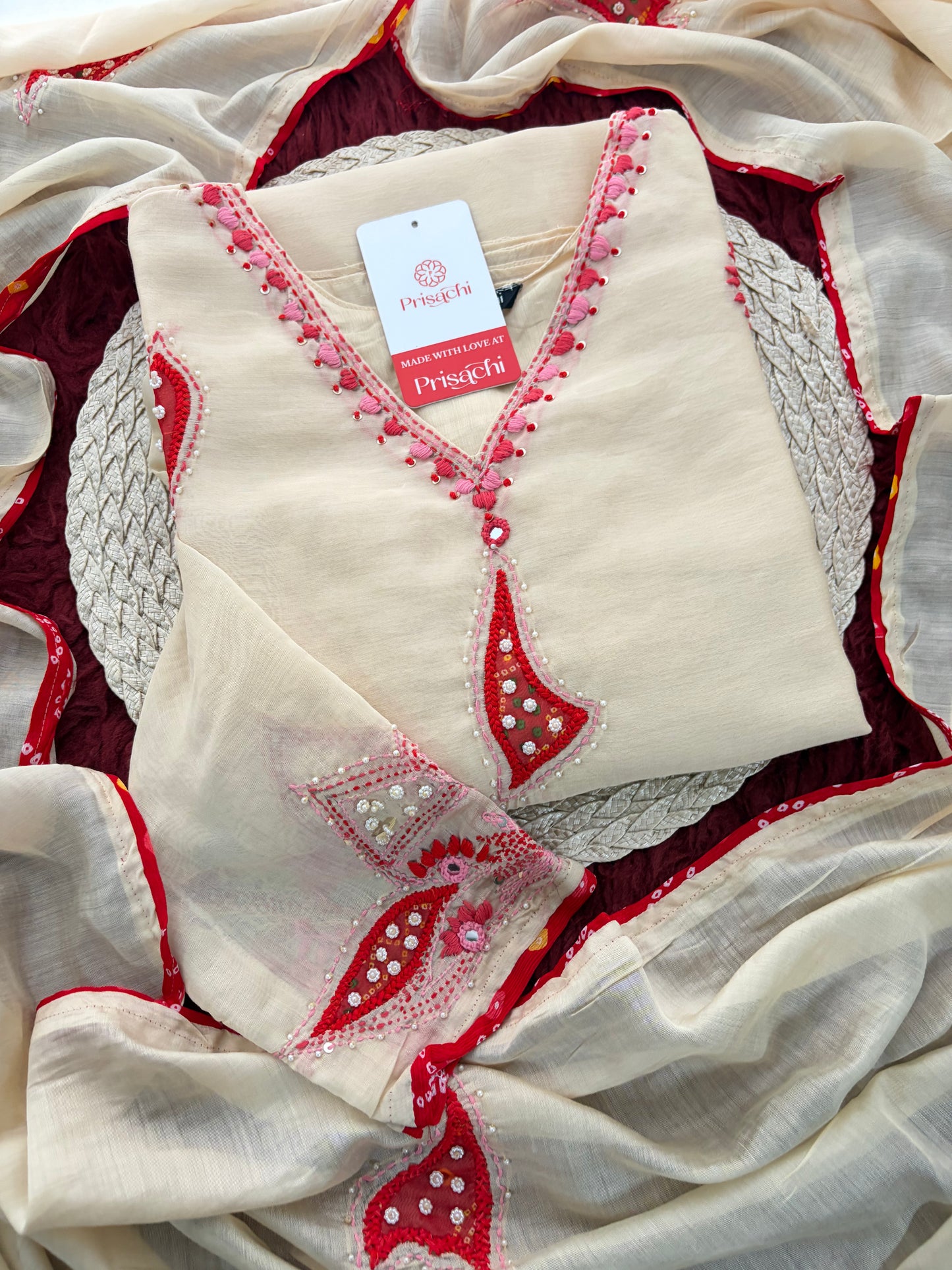 Cream Thread Embroidered A-Line Ethnic Kurta Set with Dupatta & Pants