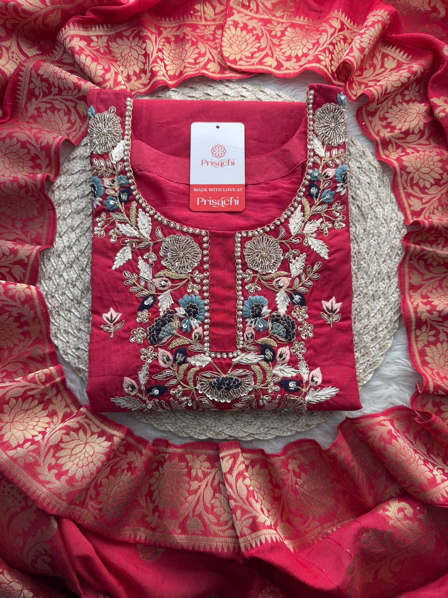 Designer A-Line Embroidered Ethnic Kurta Set for Women with Pants & Banarasi Dupatta - Prisachi Official