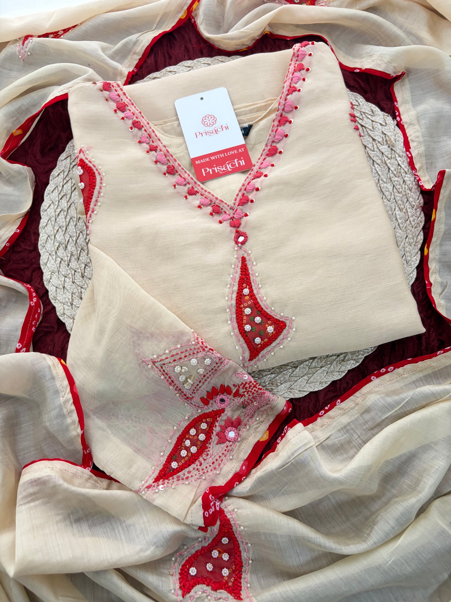 Cream Thread Embroidered A-Line Ethnic Kurta Set with Dupatta & Pants