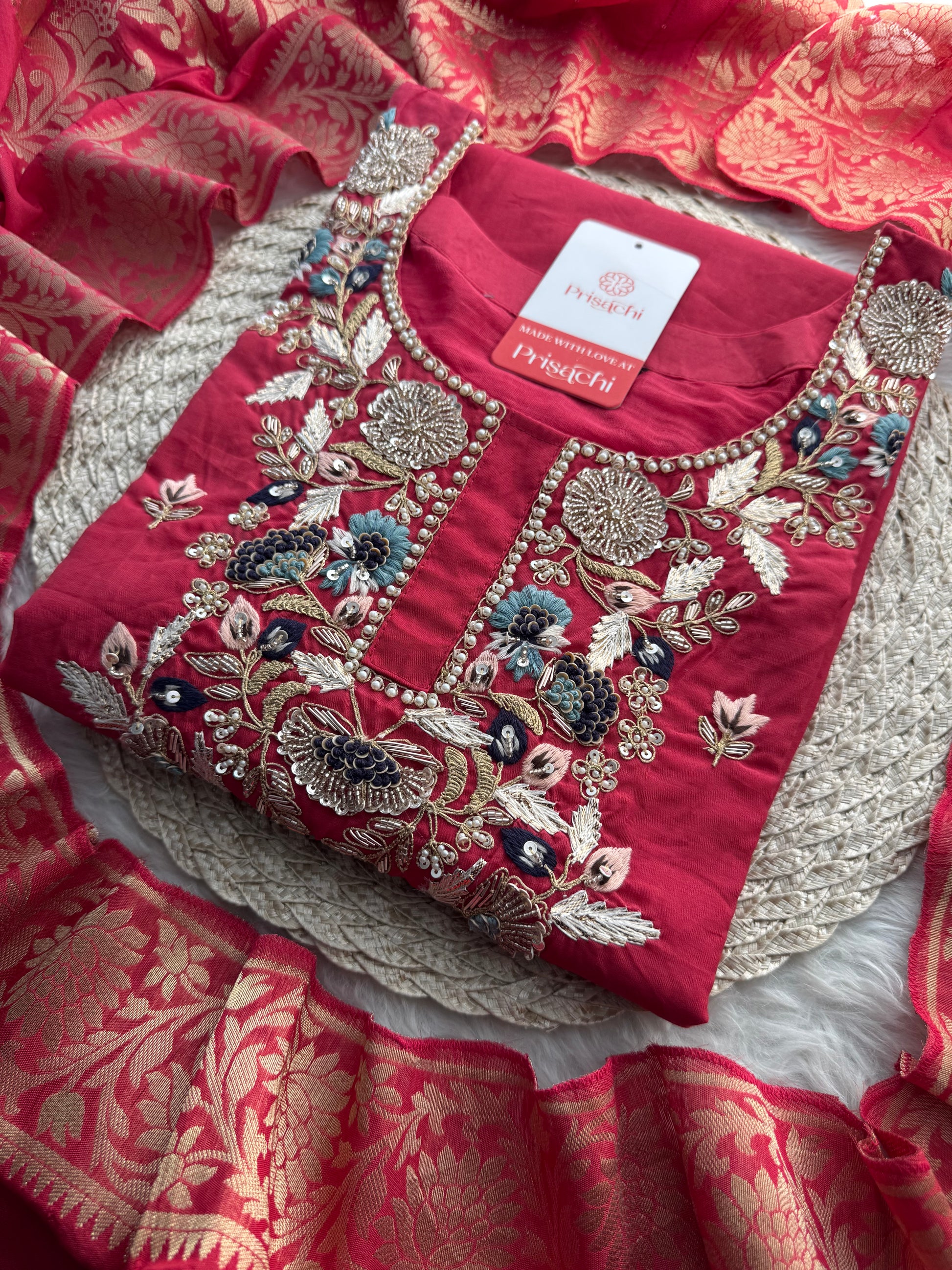 Designer A-Line Embroidered Ethnic Kurta Set for Women with Pants & Banarasi Dupatta - Prisachi Official