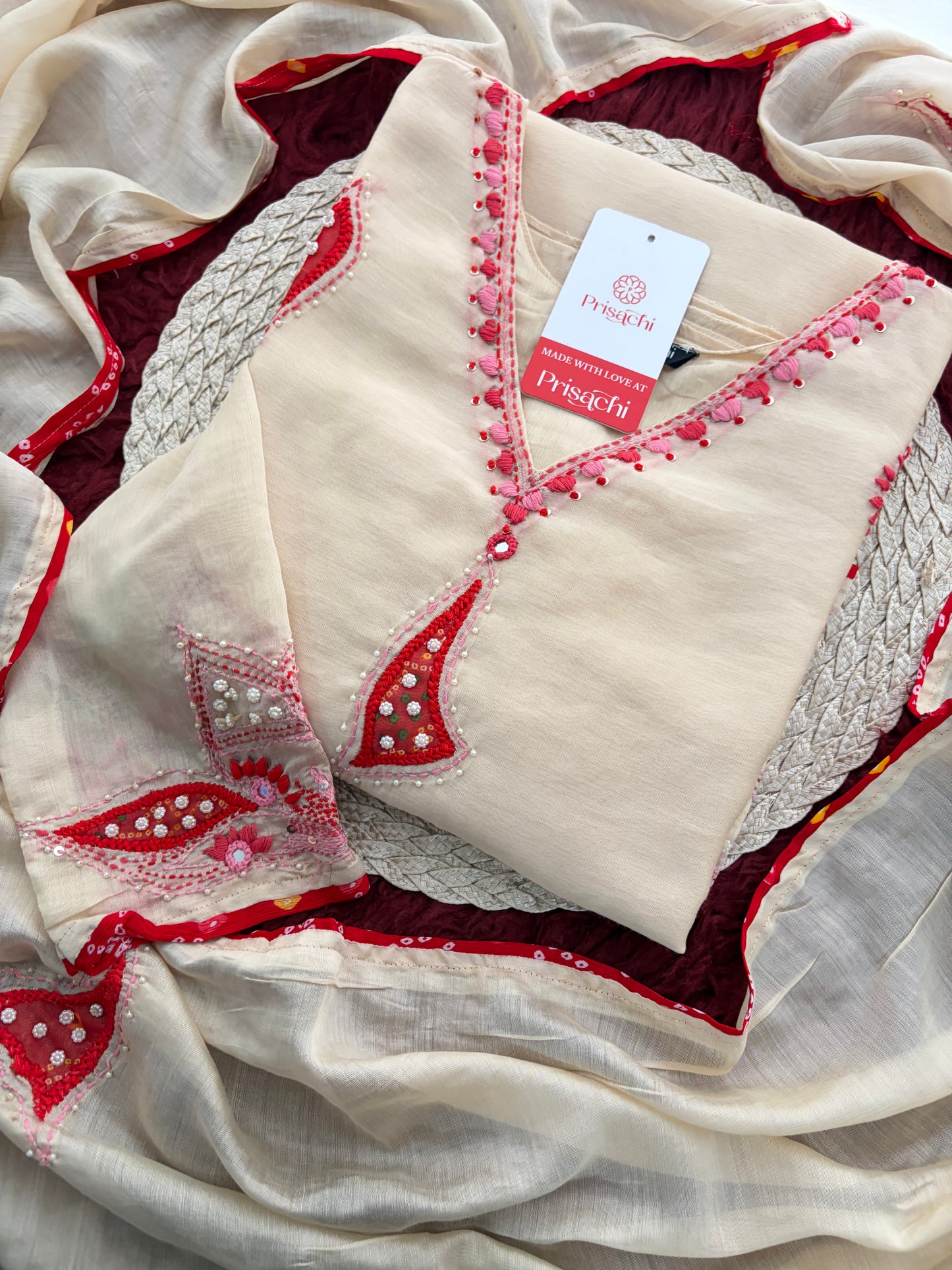 Cream Thread Embroidered A-Line Ethnic Kurta Set with Dupatta & Pants