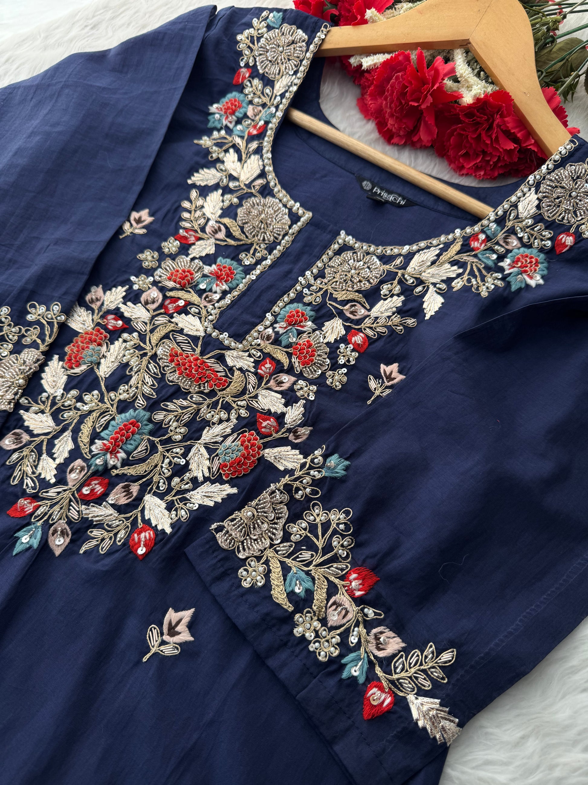 Designer A-Line Embroidered Ethnic Kurta Set for Women with Pants & Banarasi Dupatta - Prisachi Official