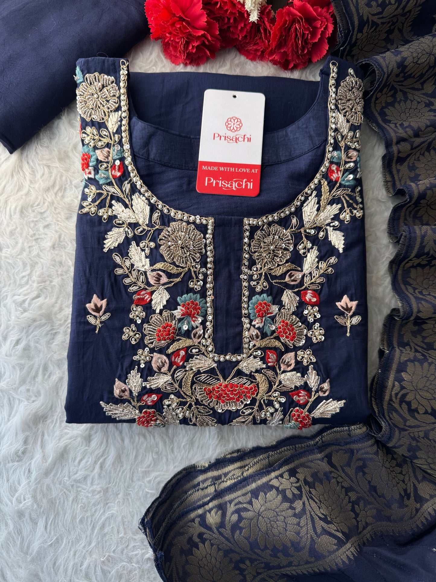 Designer A-Line Embroidered Ethnic Kurta Set for Women with Pants & Banarasi Dupatta - Prisachi Official