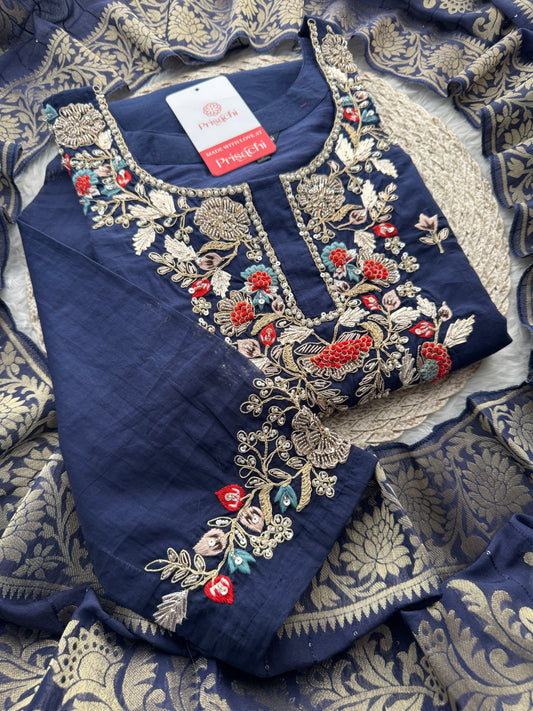 Designer A-Line Embroidered Ethnic Kurta Set for Women with Pants & Banarasi Dupatta - Prisachi Official