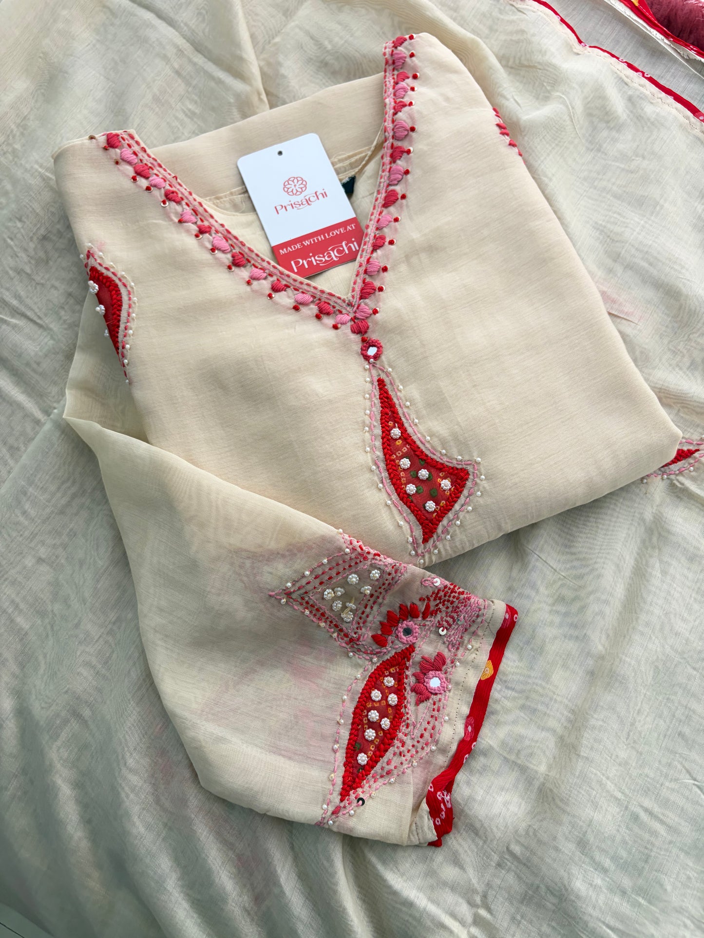 Cream Thread Embroidered A-Line Ethnic Kurta Set with Dupatta & Pants