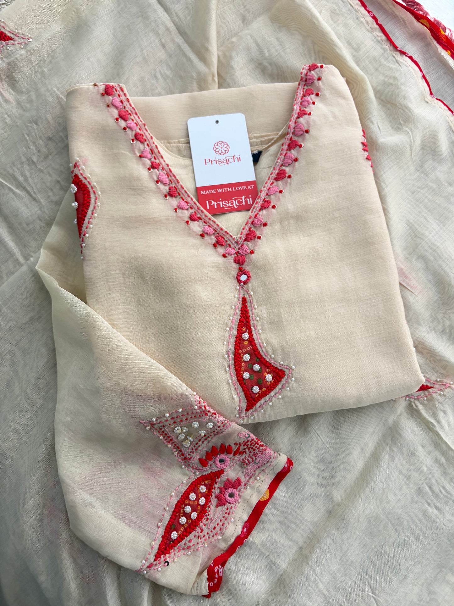 Cream Thread Embroidered A-Line Ethnic Kurta Set with Dupatta & Pants