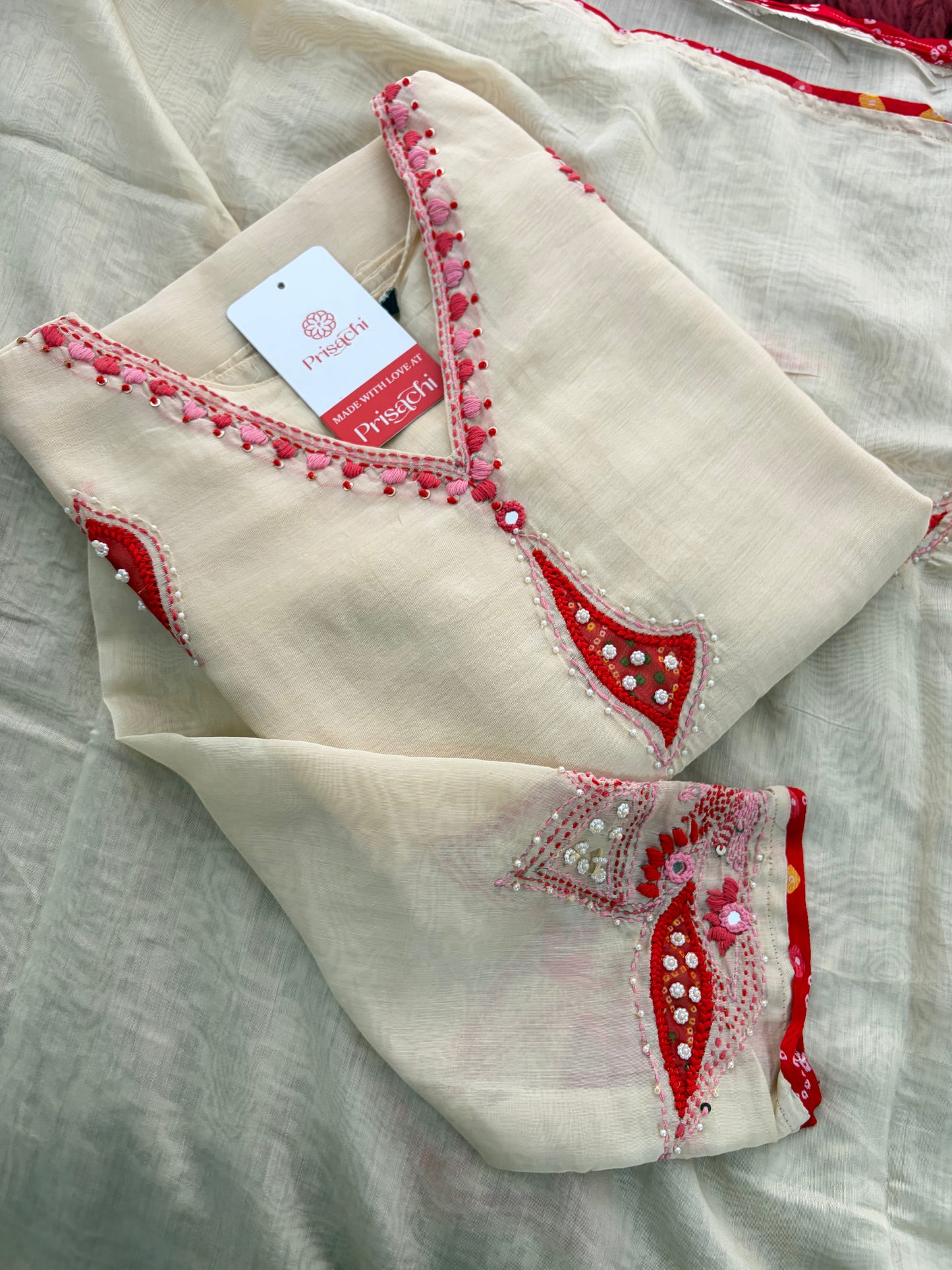 Cream Thread Embroidered A-Line Ethnic Kurta Set with Dupatta & Pants