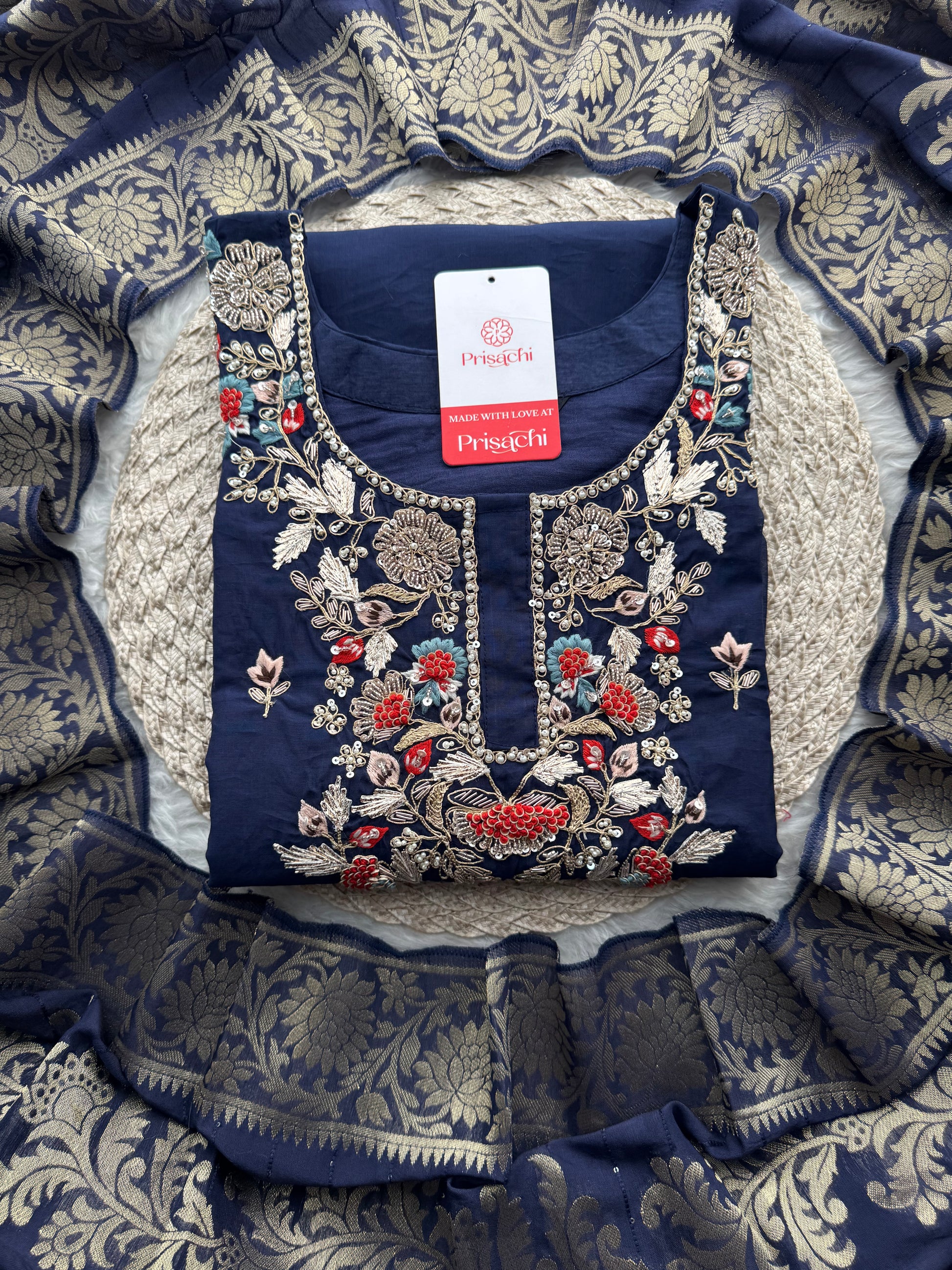 Designer A-Line Embroidered Ethnic Kurta Set for Women with Pants & Banarasi Dupatta - Prisachi Official