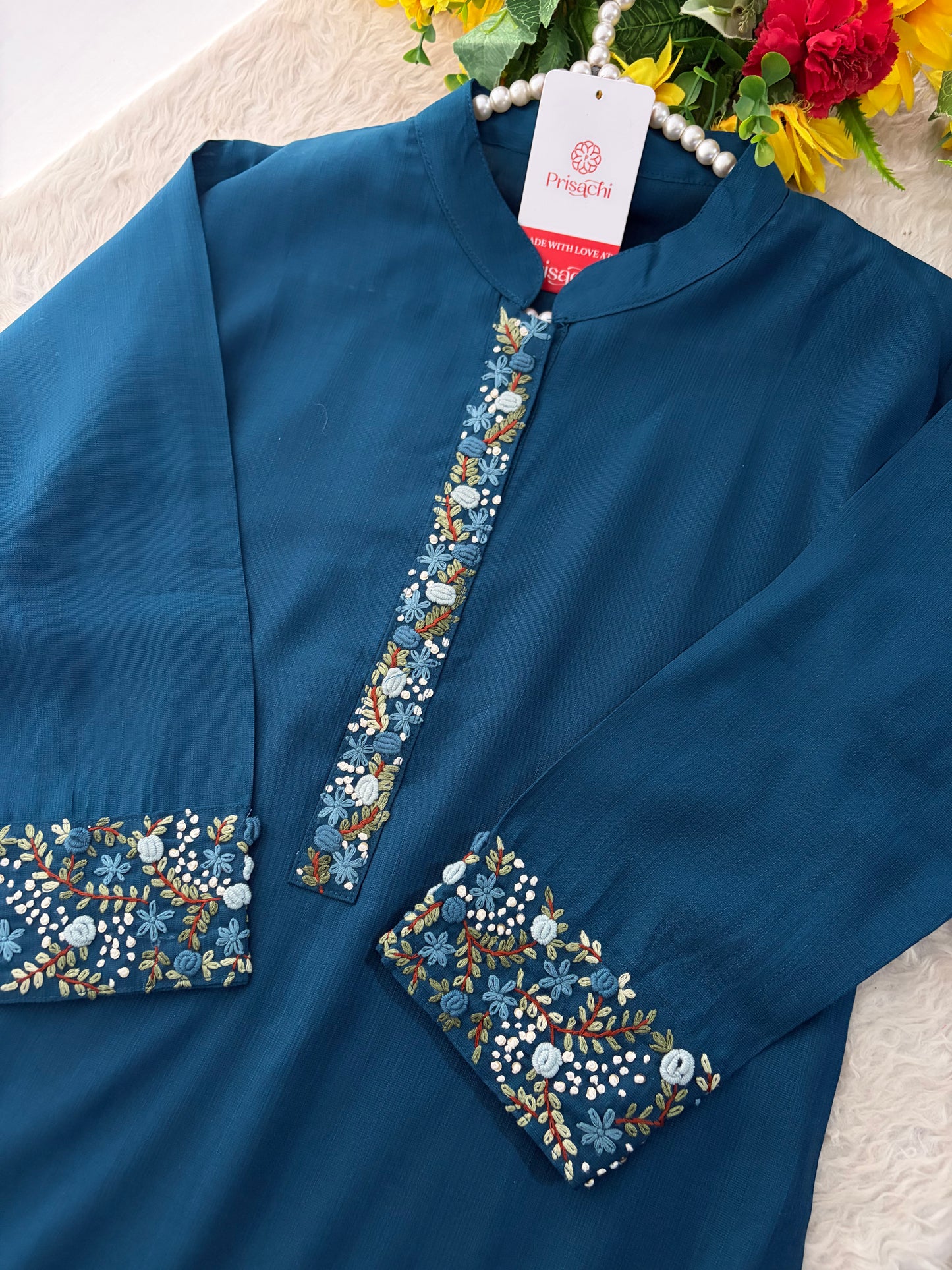Navy Blue Thread Embroidered collar Kurta with Pant Co-Ord Set | Ethnic Office & Daily Wear