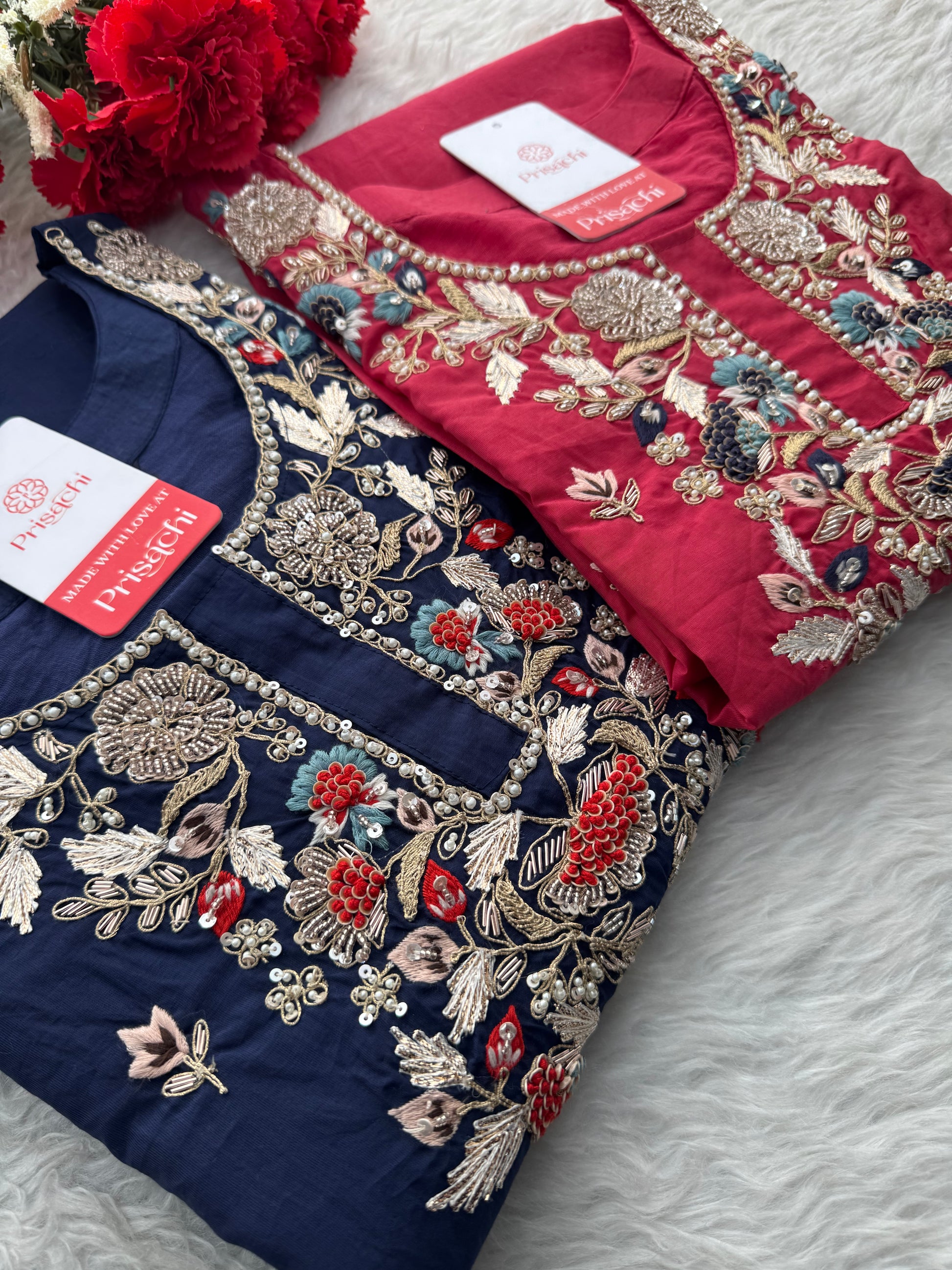 Deep Pink  Blue A-Line Embroidered Ethnic Kurta Set for Women with Pants & Banarasi Dupatta - Prisachi Official