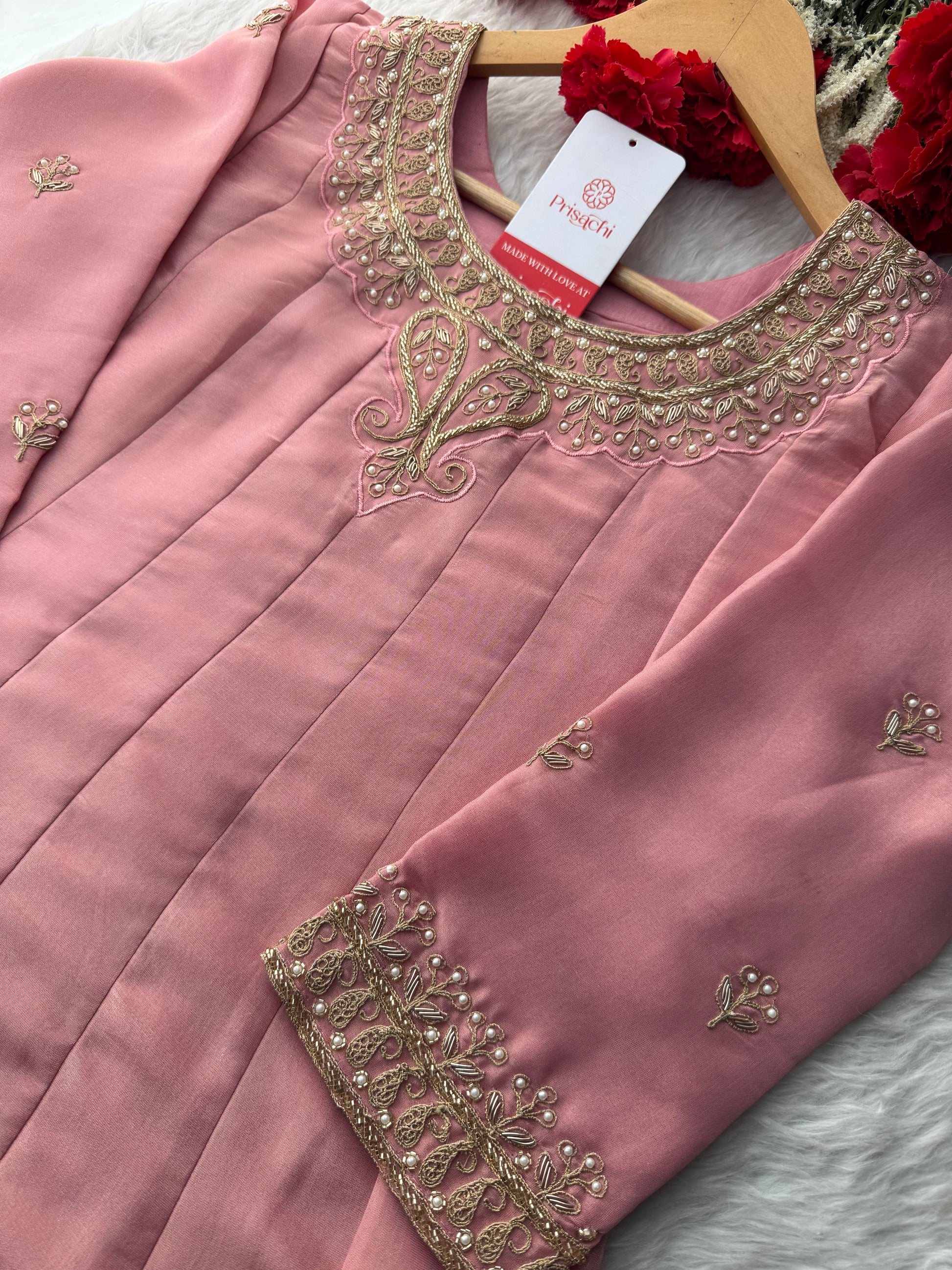 Pink A-Line Embroidered Kurta Set for Women with Pants & Embroidered Dupatta - Prisachi Official