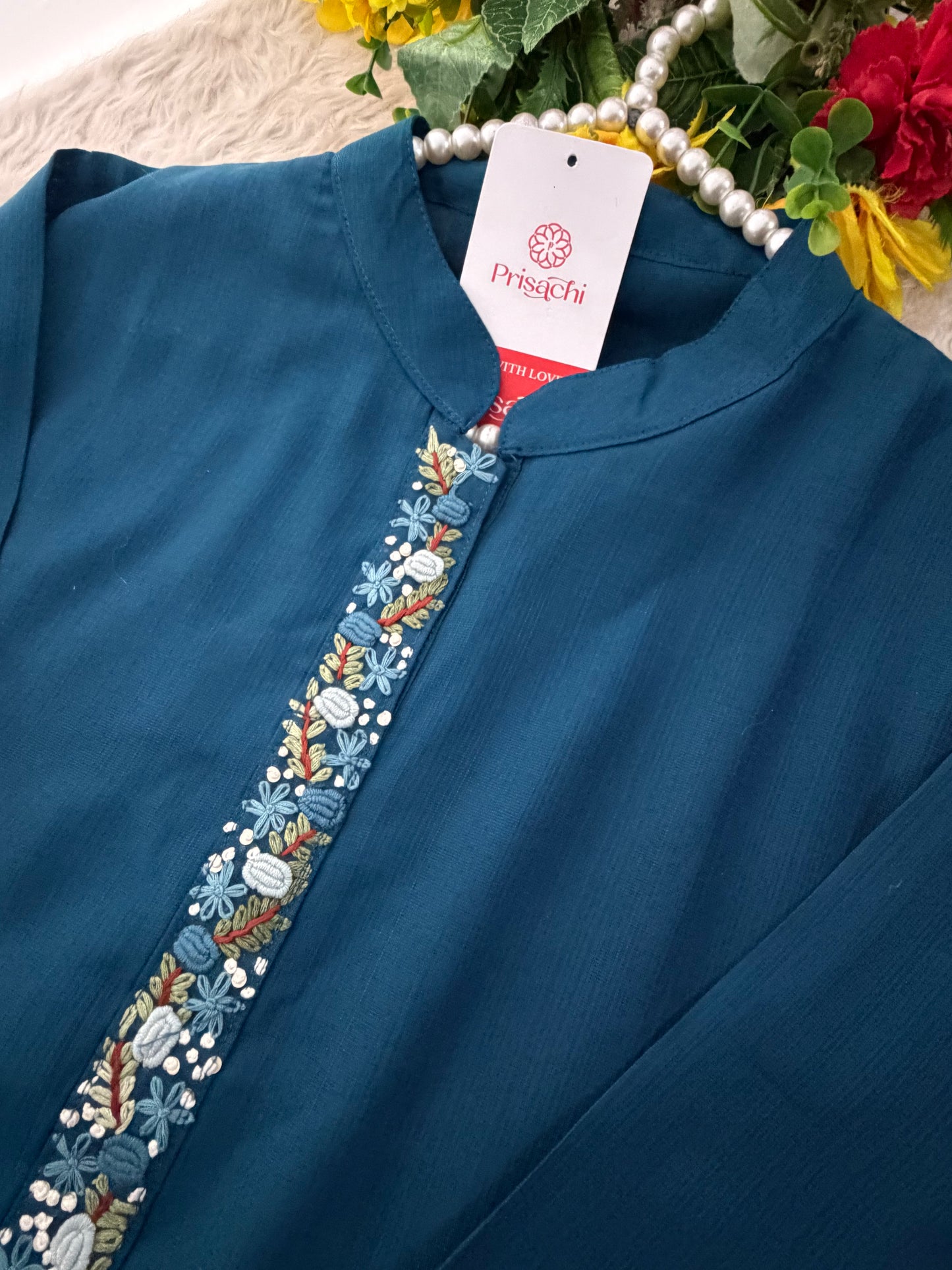 Navy Blue Thread Embroidered collar Kurta with Pant Co-Ord Set | Ethnic Office & Daily Wear