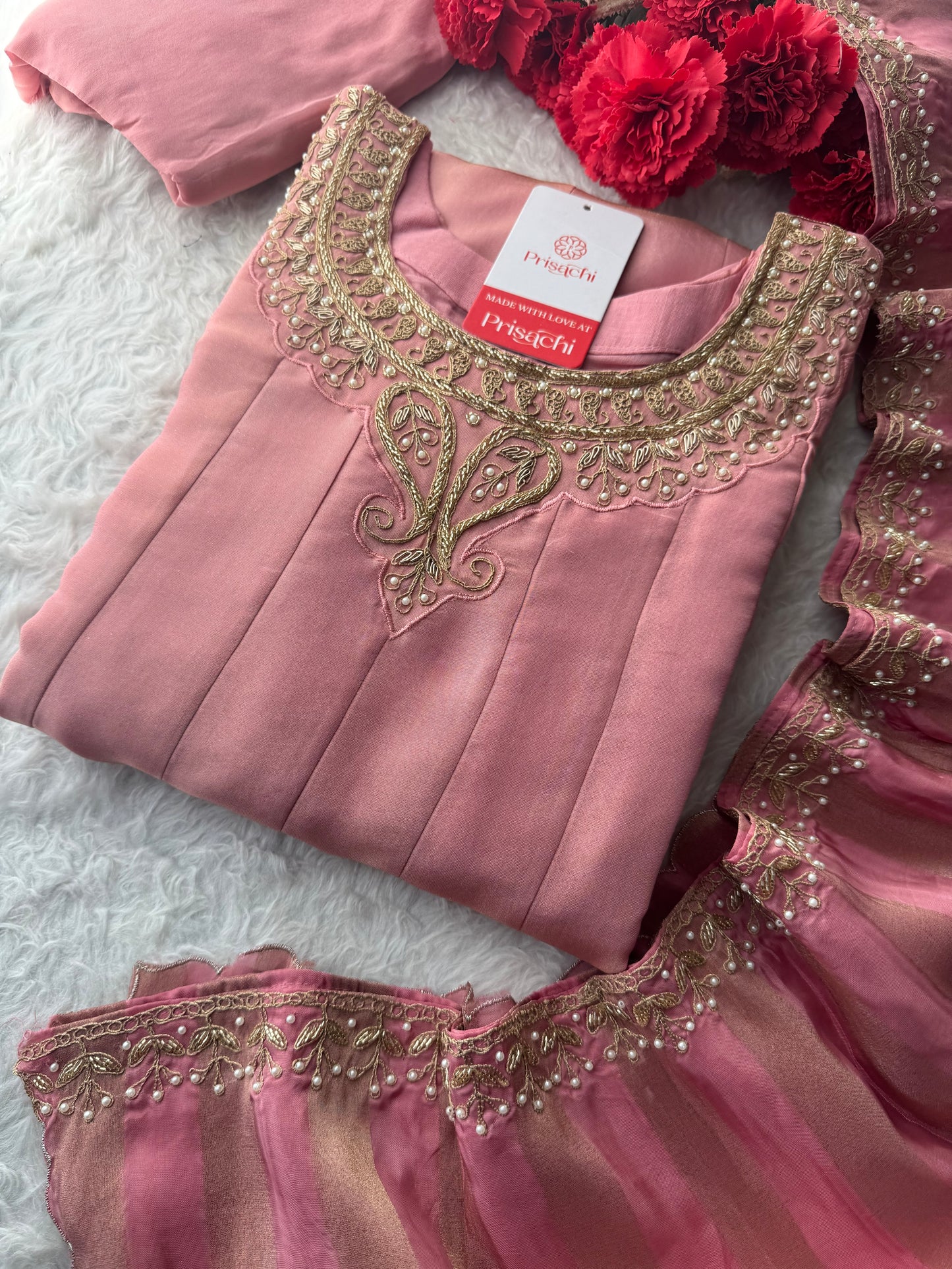 Pink A-Line Embroidered Kurta Set for Women with Pants & Embroidered Dupatta - Prisachi Official