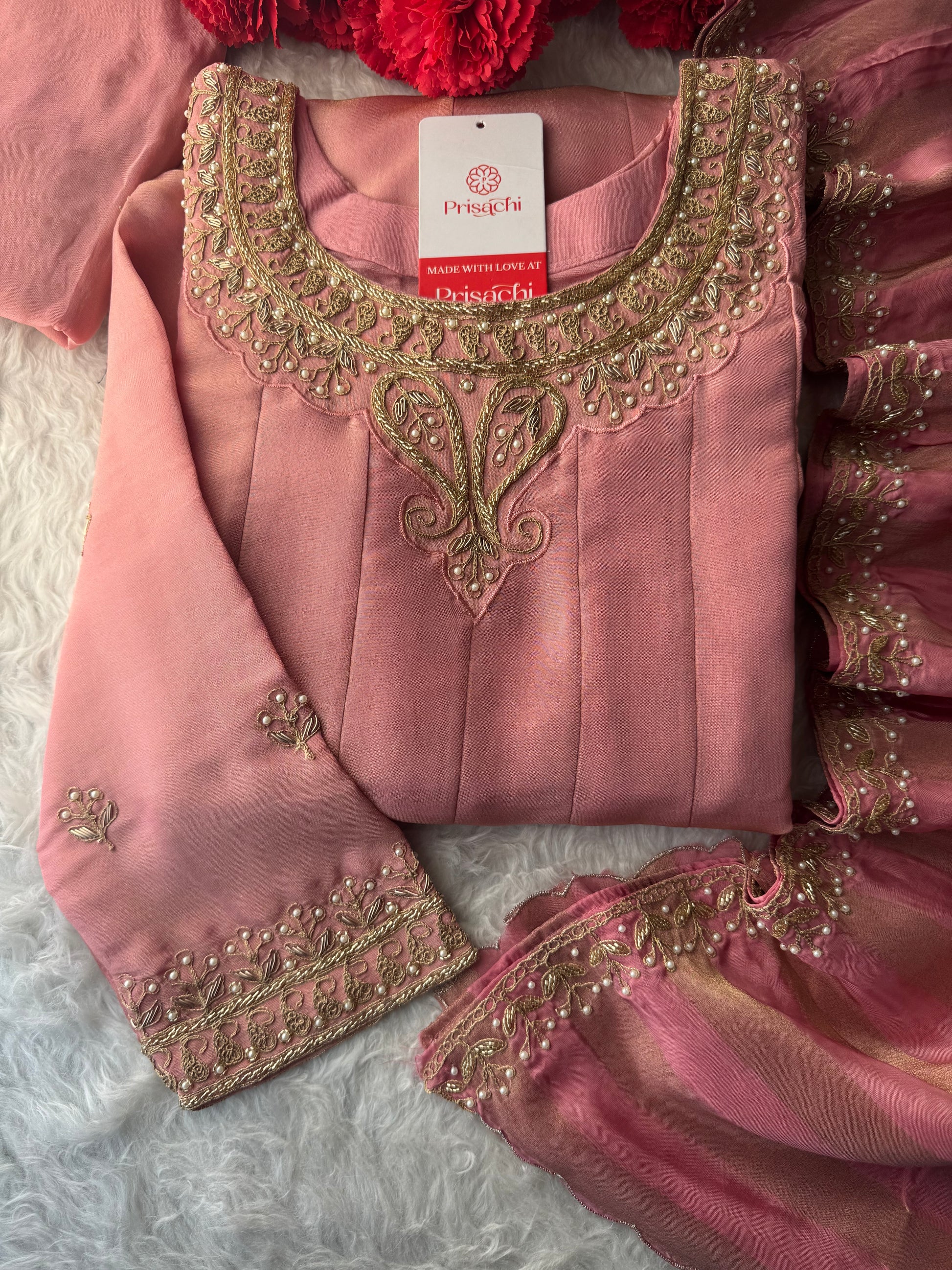 Pink A-Line Embroidered Kurta Set for Women with Pants & Embroidered Dupatta - Prisachi Official