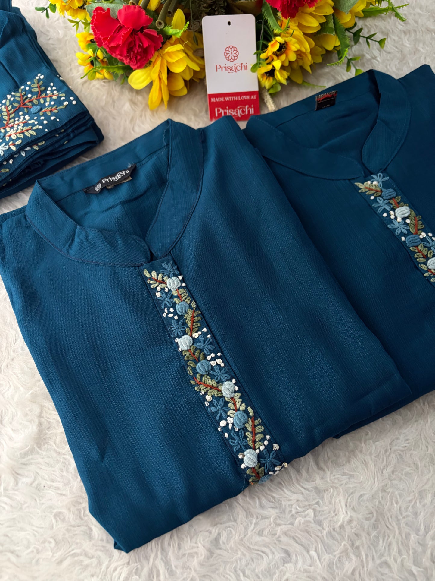 Navy Blue Thread Embroidered collar Kurta with Pant Co-Ord Set | Ethnic Office & Daily Wear