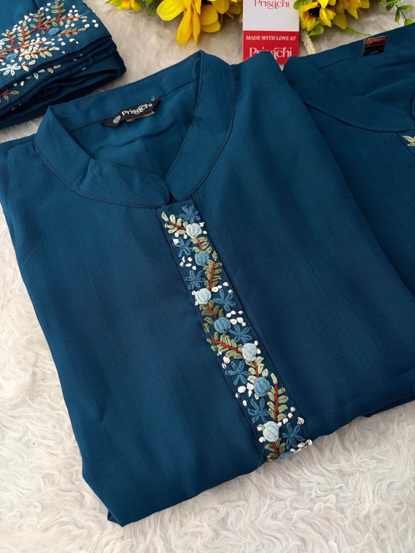Navy Blue Thread Embroidered collar Kurta with Pant Co-Ord Set | Ethnic Office & Daily Wear