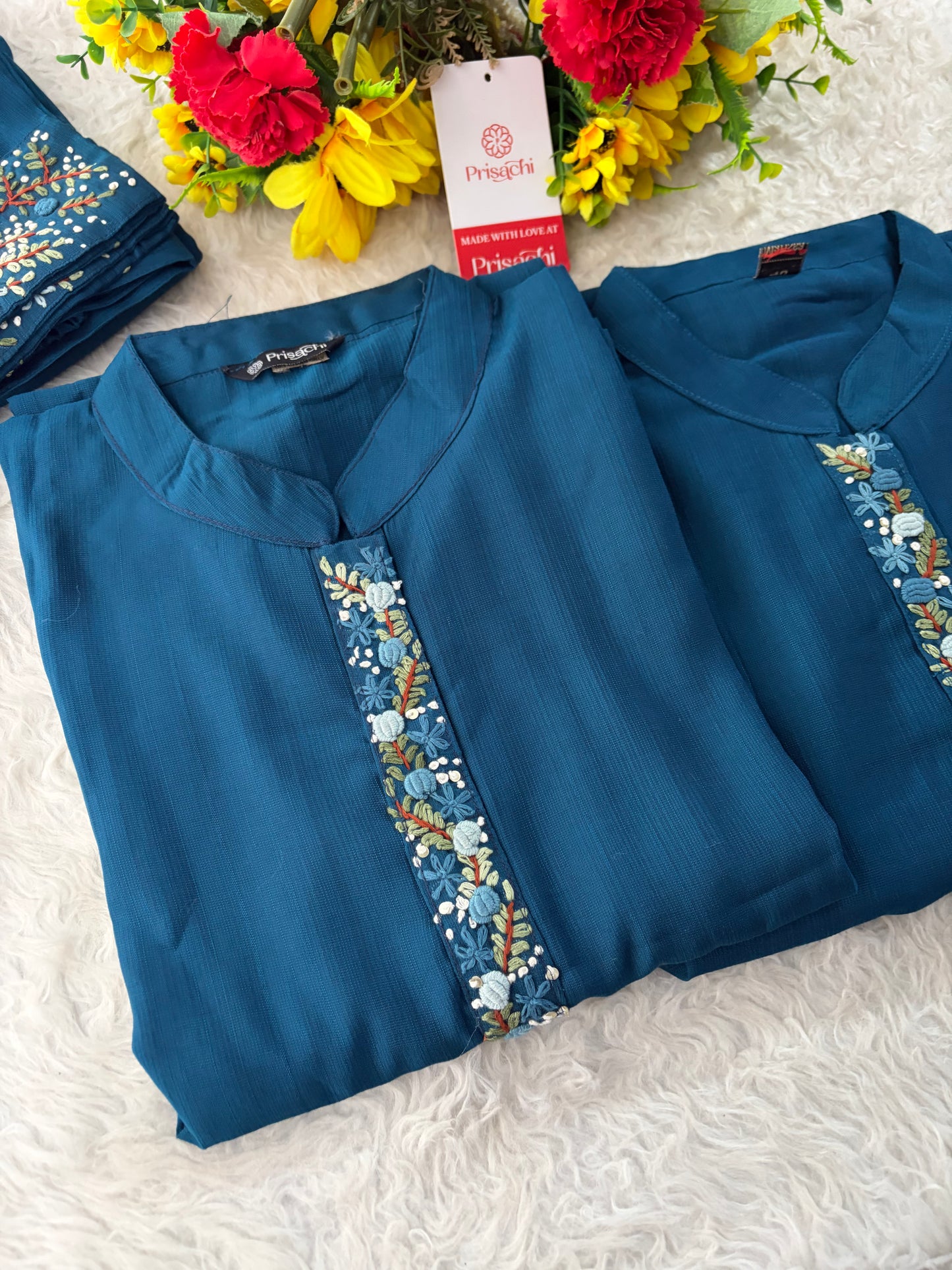 Navy Blue Thread Embroidered collar Kurta with Pant Co-Ord Set | Ethnic Office & Daily Wear