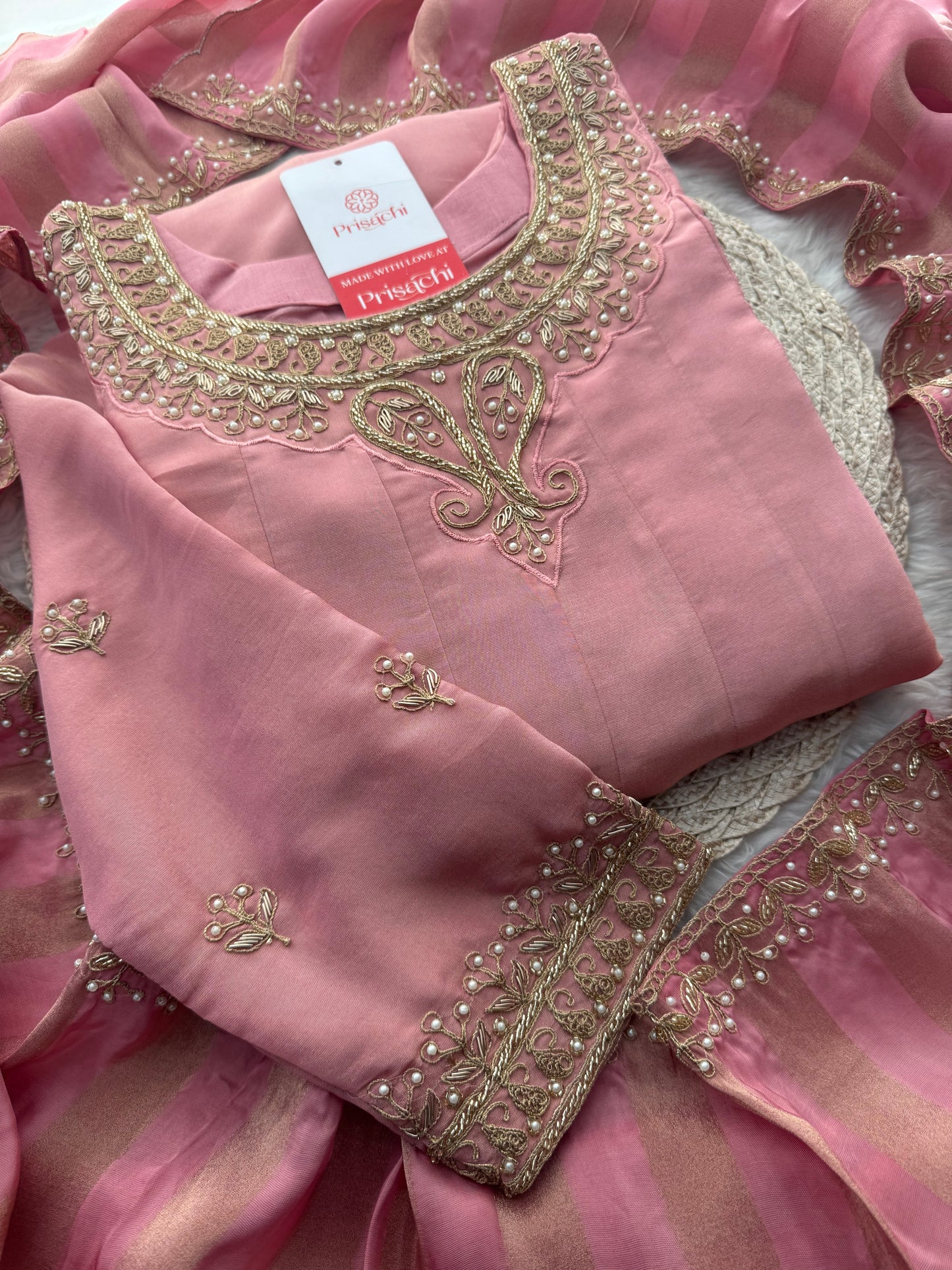 Pink A-Line Embroidered Kurta Set for Women with Pants & Embroidered Dupatta - Prisachi Official