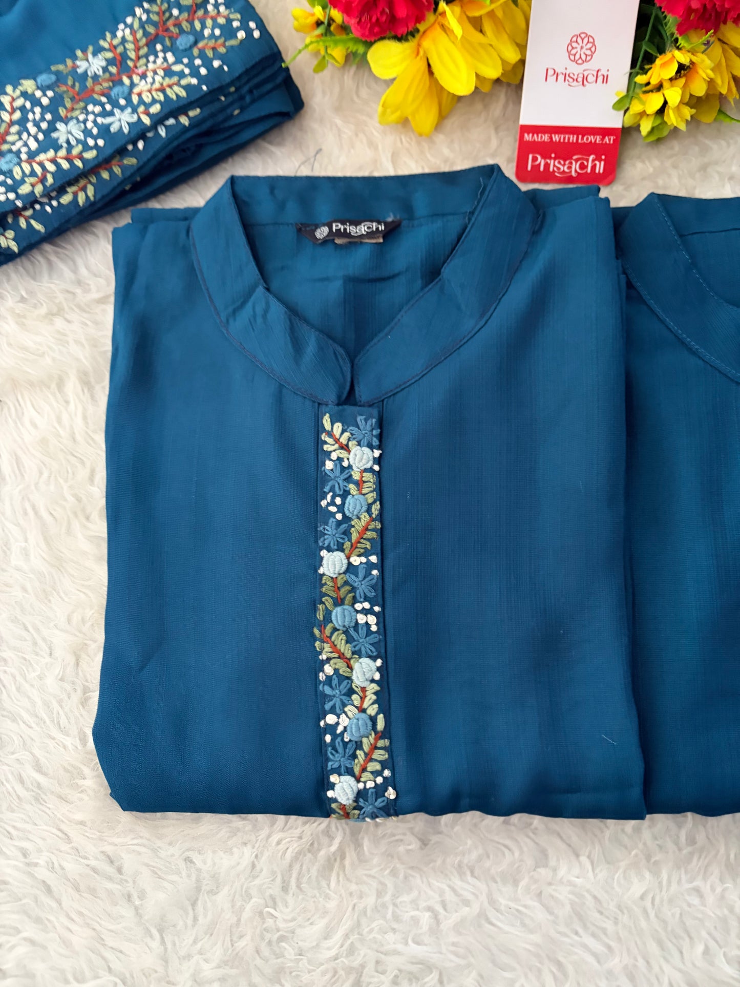 Navy Blue Thread Embroidered collar Kurta with Pant Co-Ord Set | Ethnic Office & Daily Wear