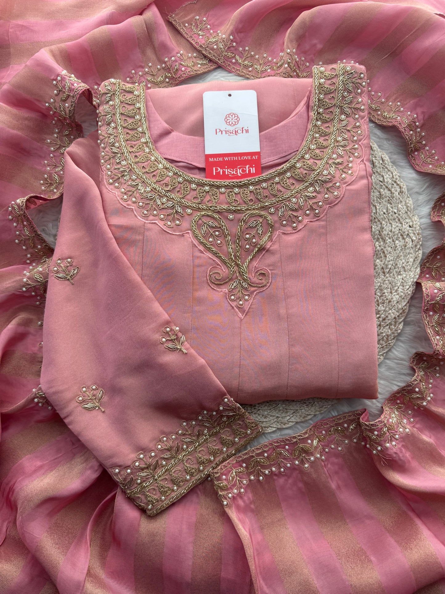 Pink A-Line Embroidered Kurta Set for Women with Pants & Embroidered Dupatta - Prisachi Official