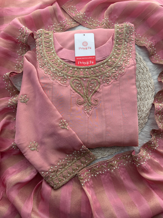 Pink A-Line Embroidered Kurta Set for Women with Pants & Embroidered Dupatta - Prisachi Official