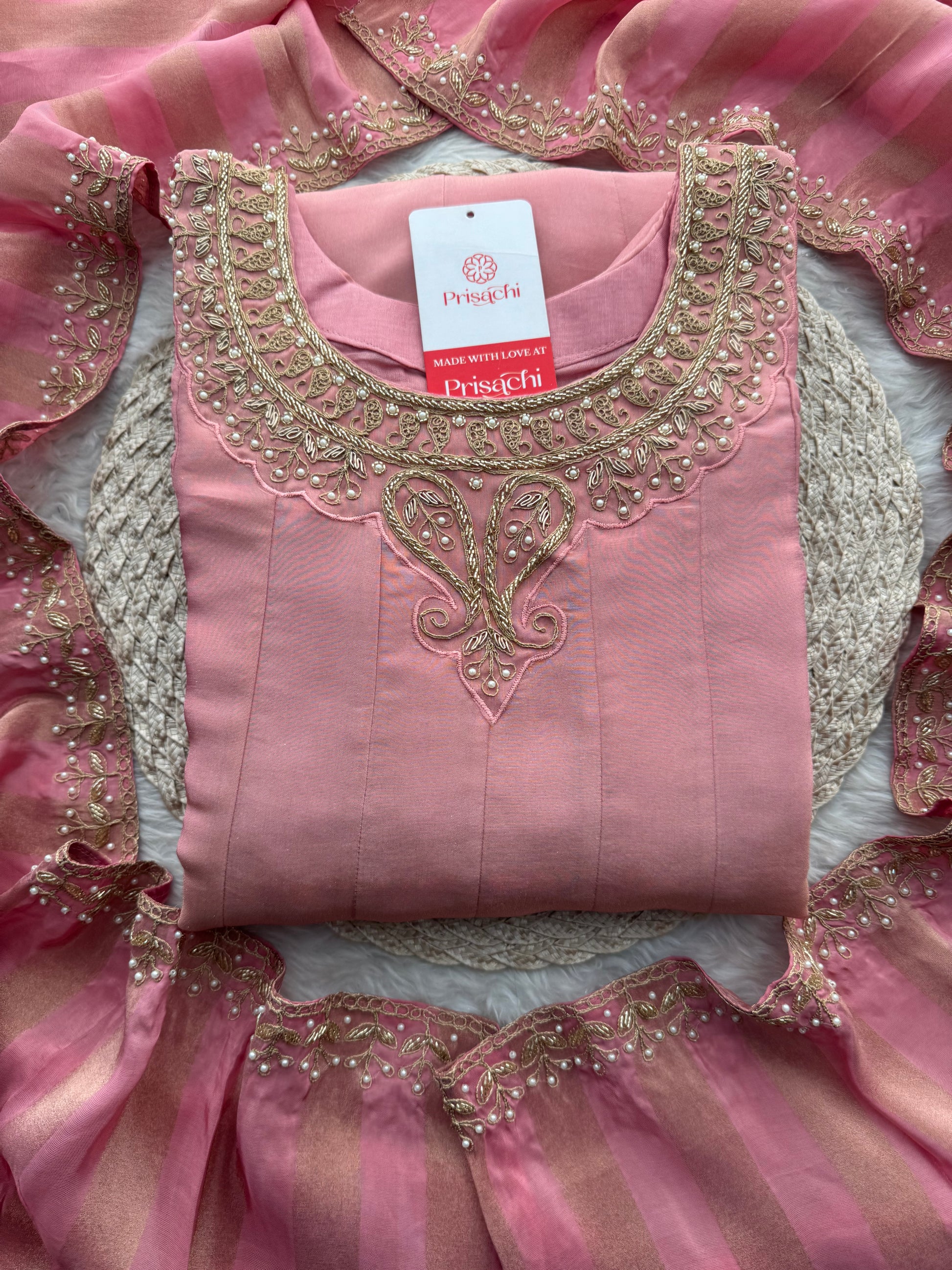 Pink A-Line Embroidered Kurta Set for Women with Pants & Embroidered Dupatta - Prisachi Official