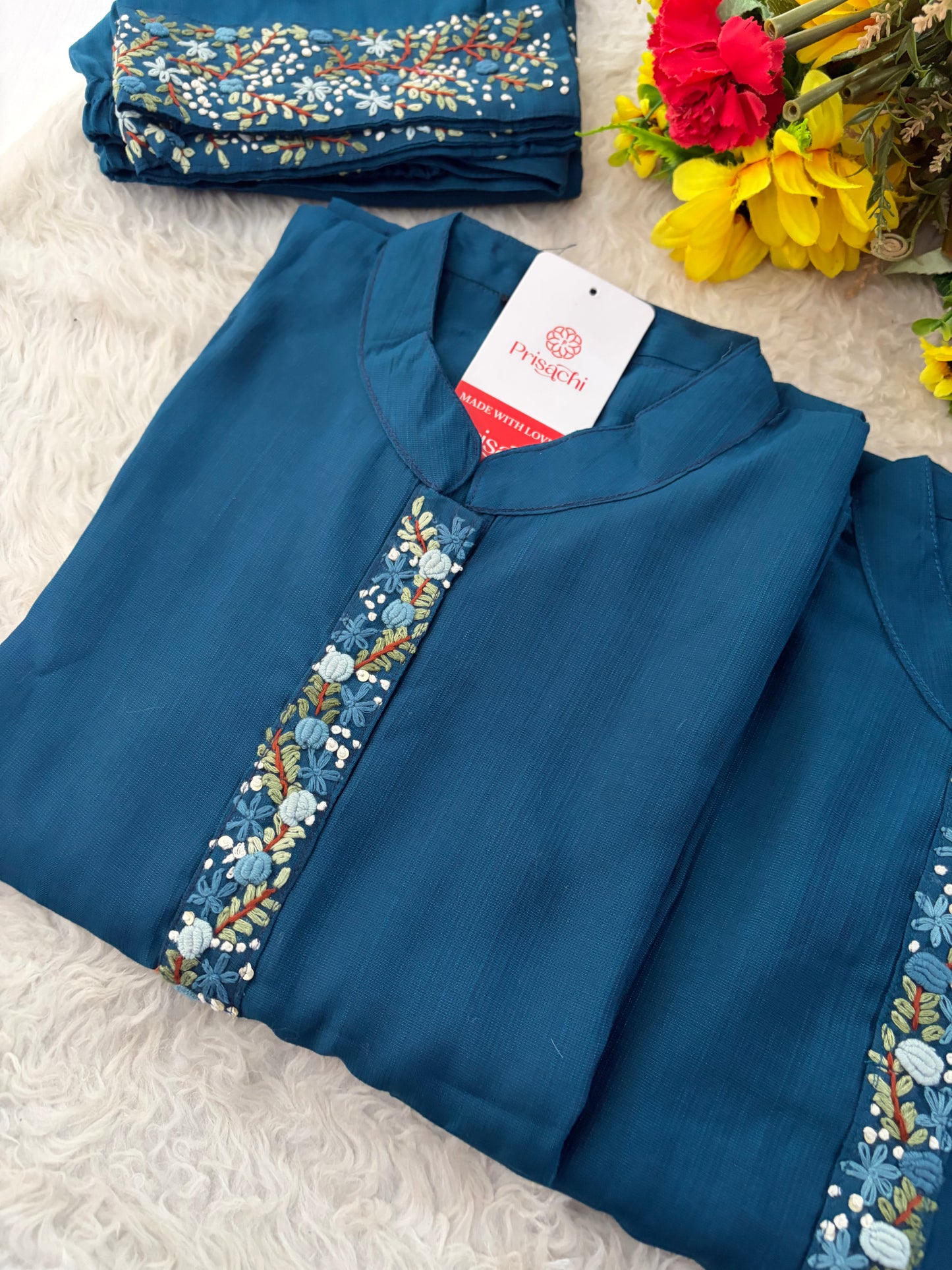 Navy Blue Thread Embroidered collar Kurta with Pant Co-Ord Set | Ethnic Office & Daily Wear