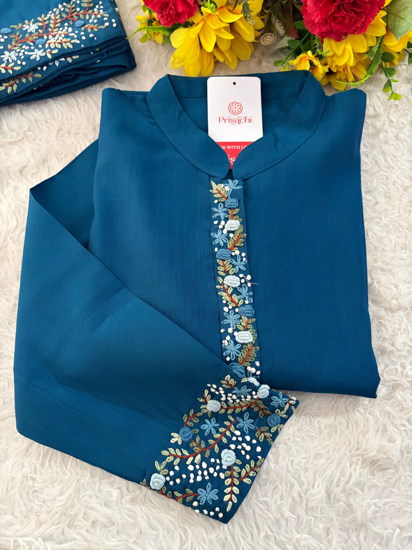 Navy Blue Thread Embroidered collar Kurta with Pant Co-Ord Set | Ethnic Office & Daily Wear