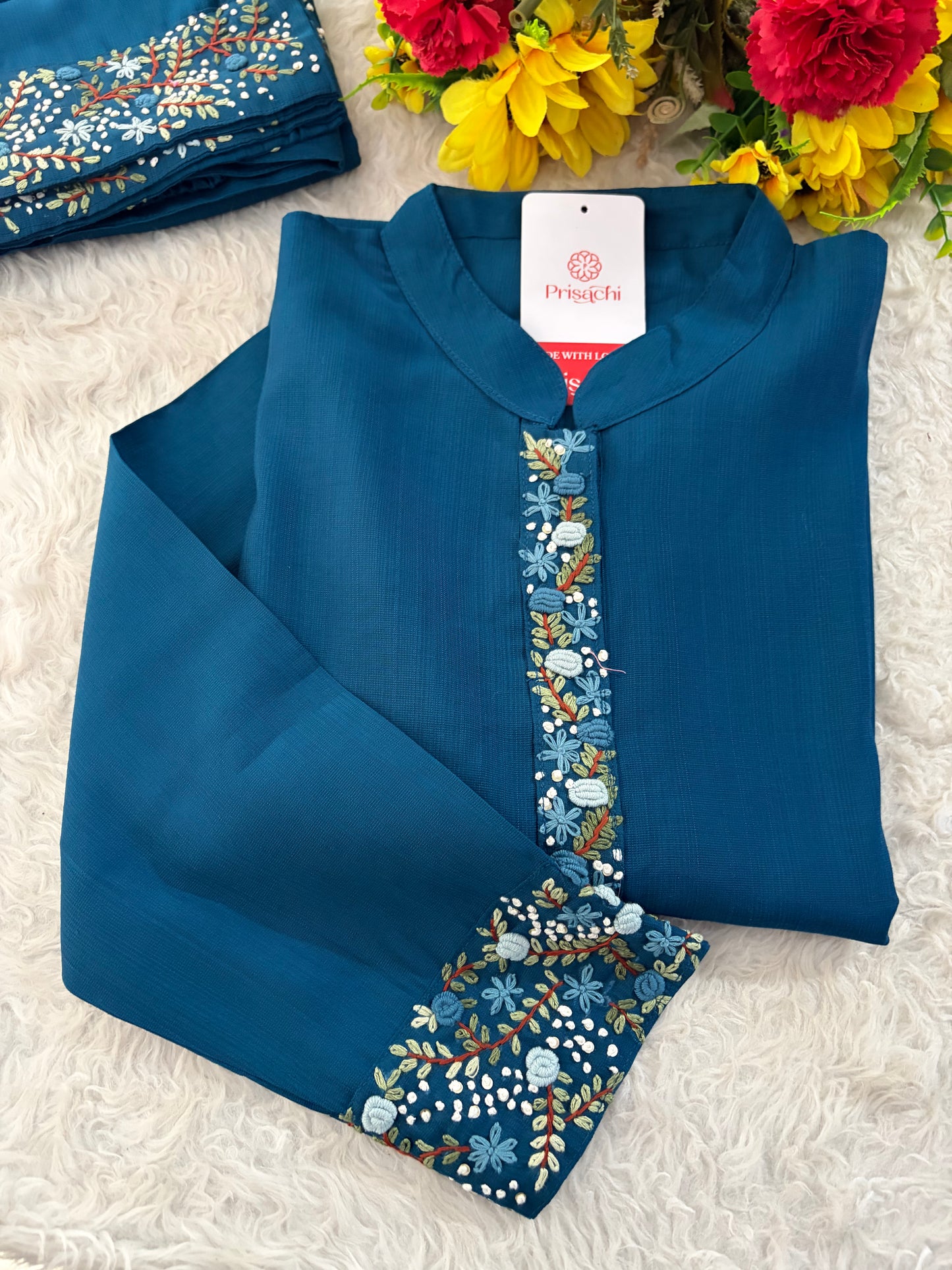 Navy Blue Thread Embroidered collar Kurta with Pant Co-Ord Set | Ethnic Office & Daily Wear